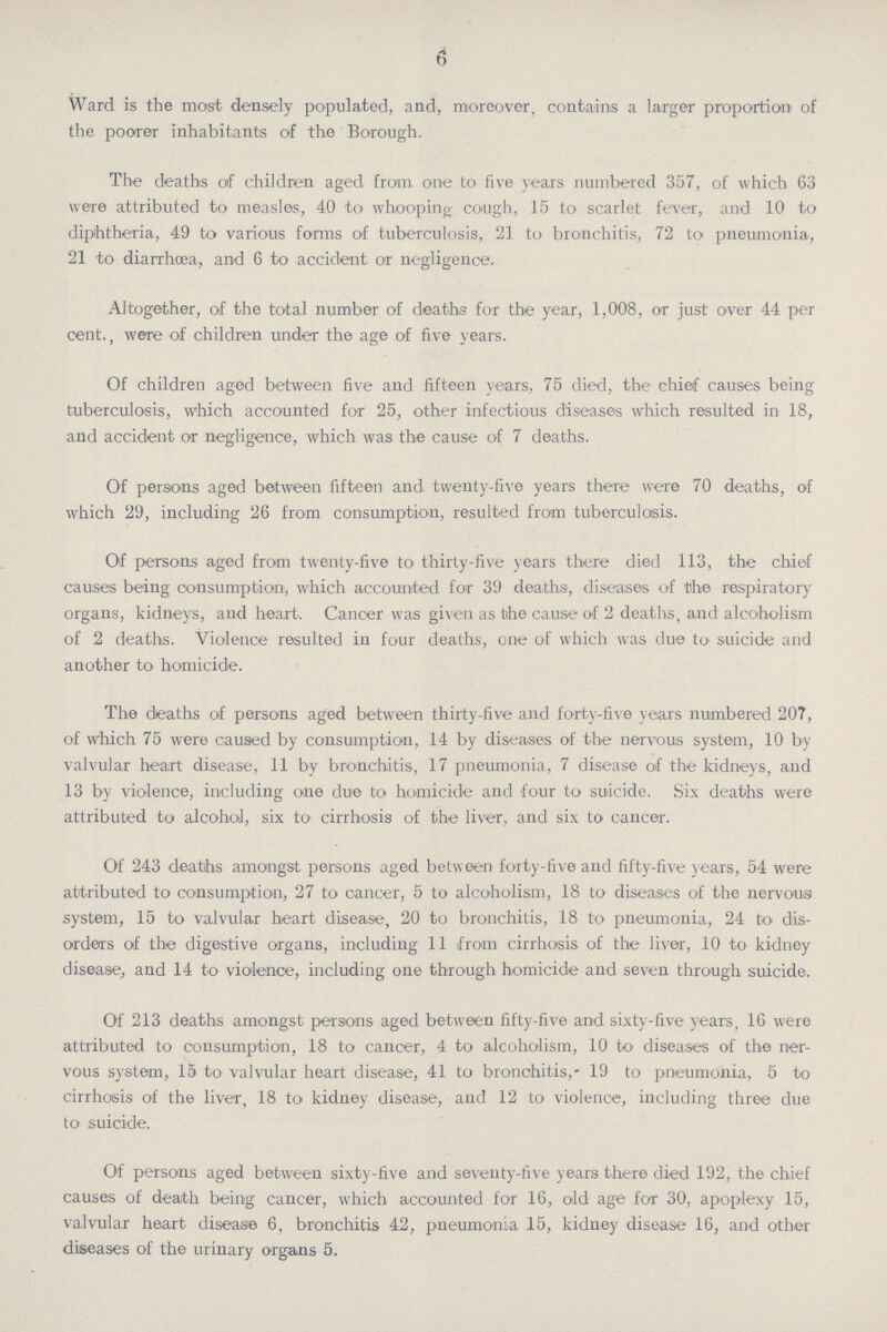 6 Ward is the most densely populated, and, moreover, contains a larger proportion of the poorer inhabitants of the Borough. The deaths of children aged from one to five years numbered 357, of which 63 were attributed to measles, 40 to whooping cough, 15 to scarlet fever, and 10 to diphtheria, 49 to various forms of tuberculosis, 21 to bronchitis, 72 to pneumonia, 21 to diarrhcea, and 6 to accident or negligence. Altogether, of the total number of deaths for the year, 1,008, or just over 44 per cent., were of children under the age of five years. Of children aged between five and fifteen years, 75 died, the chief causes being tuberculosis, which accounted for 25, other infectious diseases which resulted in 18, and accident or negligence, which was the cause of 7 deaths. Of persons aged between fifteen and twenty-five years there were 70 deaths, of which 29, including 26 from consumption, resulted from tuberculosis. Of persons aged from twenty-five to thirty-five years there died 113, the chief causes being consumption, which accounted for 39 deaths, diseases of the respiratory organs, kidneys, and heart. Cancer was given as the cause of 2 deaths, and alcoholism of 2 deaths. Violence resulted in four deaths, one of which was due to suicide and another to homicide. The deaths of persons aged between thirty-five and forty-five years numbered 207, of which 75 were caused by consumption, 14 by diseases of the nervous system, 10 by valvular heart disease, 11 by bronchitis, 17 pneumonia, 7 disease of the kidneys, and 13 by violence, including one due to homicide and four to suicide. Six deaths were attributed to alcohol, six to cirrhosis of the liver, and six to cancer. Of 243 deaths amongst persons aged between forty-five and fifty-five years, 54 were attributed to consumption, 27 to cancer, 5 to alcoholism, 18 to diseases of the nervous system, 15 to valvular heart disease, 20 to bronchitis, 18 to pneumonia., 24 to dis orders of the digestive organs, including 11 from cirrhosis of the liver, 10 to kidney disease, and 14 to violence, including one through homicide and seven through suicide. Of 213 deaths amongst persons aged between fifty-five and sixty-five years. 16 were attributed to consumption, 18 to cancer, 4 to alcoholism, 10 to diseases of the ner vous system, 15 to valvular heart disease, 41 to bronchitis,- 19 to pneumonia, 5 to cirrhosis of the liver, 18 to kidney disease, and 12 to violence, including three due to suicide. Of persons aged between sixty-five and seventy-five years there died 192, the chief causes of death being cancer, which accounted for 16, old age for 30, apoplexy 15, valvular heart disease 6, bronchitis 42, pneumonia 15, kidney disease 16, and other diseases of the urinary organs 5.