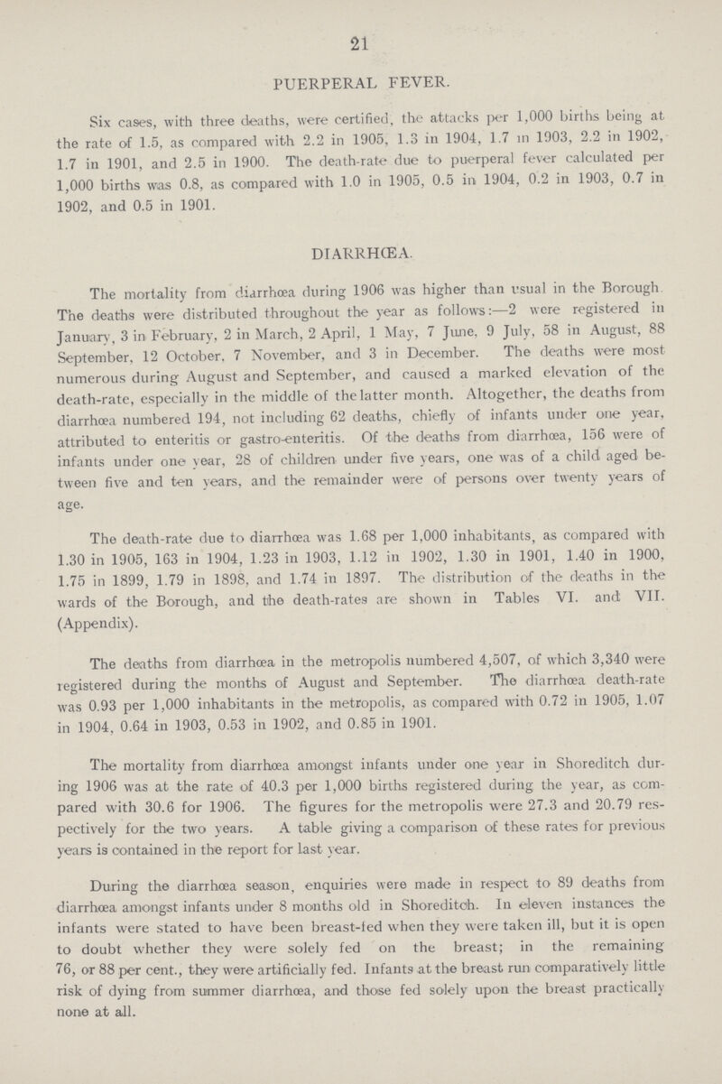 21 PUERPERAL FEVER. Six cases, with three deaths, were certified, the attacks per 1,000 births being at the rate of 1.5, as compared with 2.2 in 1905, 1.3 in 1904, 1.7 in 1903, 2.2 in 1902, 1.7 in 1901, and 2.5 in 1900. The death-rate due to puerperal fever calculated per 1,000 births was 0.8, as compared with 1.0 in 1905, 0.5 in 1904, 0.2 in 1903, 0.7 in 1902, and 0.5 in 1901. DIARRHCEA. The mortality from diarrhoea during 1906 was higher than usual in the Borough The deaths were distributed throughout the year as follows:—2 were registered in January, 3 in February, 2 in March, 2 April, 1 May, 7 June, 9 July, 58 in August, 88 September, 12 October, 7 November, and 3 in December. The deaths were most numerous during August and September, and caused a marked elevation of the death-rate, especially in the middle of the latter month. Altogether, the deaths from diarrhoea numbered 194, not including 62 deaths, chiefly of infants under one year, attributed to enteritis or gastro-enteritis. Of the deaths from diarrhoea, 156 were of infants under one year, 28 of children under five years, one was of a child aged be tween five and ten years, and the remainder were of persons over twenty years of age. The death-rate due to diarrhoea was 1.68 per 1,000 inhabitants, as compared with 1.30 in 1905, 163 in 1904, 1.23 in 1903, 1.12 in 1902, 1.30 in 1901, 1.40 in 1900, 1.75 in 1899, 1.79 in 1898, and 1.74 in 1897. The distribution of the deaths in the wards of the Borough, and the death-rates are shown in Tables VI. and VII. (Appendix). The deaths from diarrhoea in the metropolis numbered 4,507, of which 3,340 were registered during the months of August and September. The diarrhoea death-rate was 0.93 per 1,000 inhabitants in the metropolis, as compared with 0.72 in 1905, 1.07 in 1904, 0.64 in 1903, 0.53 in 1902, and 0.85 in 1901. The mortality from diarrhoea amongst infants under one year in Shoreditch dur ing 1906 was at the rate of 40.3 per 1,000 births registered during the year, as com pared with 30.6 for 1906. The figures for the metropolis were 27.3 and 20.79 res pectively for the two years. A table giving a comparison of these rates for previous years is contained in the report for last year. During the diarrhœa season, enquiries were made in respect to 89 deaths from diarrhoea amongst infants under 8 months old in Shoreditch. In eleven instances the infants were stated to have been breast-ted when they were taken ill, but it is open to doubt whether they were solely fed on the breast; in the remaining 76, or 88 per cent., they were artificially fed. Infants at the breast run comparatively little risk of dying from summer diarrhoea, and those fed solely upon the breast practically none at all.