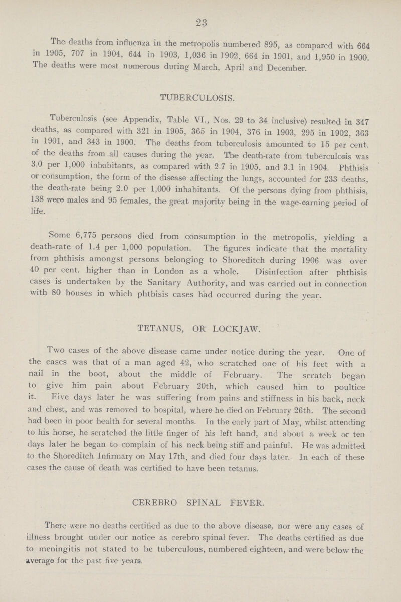 23 The deaths from influenza in the metropolis numbered 895, as compared with 664 in 1905, 707 in 1904, 644 in 1903, 1,036 in 1902, 664 in 1901, and 1,950 in 1900. The deaths were most numerous during March, April and December. TUBERCULOSIS. Tuberculosis (see Appendix, Table VI., Nos. 29 to 34 inclusive) resulted in 347 deaths, as compared with 321 in 1905, 365 in 1904, 376 in 1903, 295 in 1902, 363 in 1901, and 343 in 1900. The deaths from tuberculosis amounted to 15 per cent, of the deaths from all causes during the year. The death-rate from tuberculosis was 3.0 per 1,000 inhabitants, as compared with 2.7 in 1905, and 3.1 in 1904. Phthisis or consumption, the form of the disease affecting the lungs, accounted for 233 deaths, the death-rate being 2.0 per 1,000 inhabitants. Of the persons dying from phthisis, 138 were males and 95 females, the great majority being in the wage-earning period of life. Some 6,775 persons died from consumption in the metropolis, yielding a death-rate of 1.4 per 1,000 population. The figures indicate that the mortality from phthisis amongst persons belonging to Shoreditch during 1906 was over 40 per cent, higher than in London as a whole. Disinfection after phthisis cases is undertaken by the Sanitary Authority, and was carried out in connection with 80 houses in which phthisis cases had occurred during the year. TETANUS, OR LOCKJAW. Two cases of the above disease came under notice during the year. One of the cases was that of a man aged 42, who scratched one of his feet with a nail in the boot, about the middle of February. The scratch began to give him pain about February 20th, which caused him to poultice it. Five days later he was suffering from pains and stiffness in his back, neck and chest, and was removed to hospital, where he died on February 26th. The second had been in poor health for several months. In the early part of May, whilst attending to his horse, he scratched the little finger of his left hand, and about a week or ten days later he began to complain of his neck being stiff and painful. He was admitted to the Shoreditch Infirmary on May 17th, and died four days later. In each of these cases the cause of death was certified to have been tetanus. CEREBRO SPINAL FEVER. There were no deaths certified as due to the above disease, nor were any cases of illness brought under our notice as cerebro spinal fever. The deaths certified as due to meningitis not stated to be tuberculous, numbered eighteen, and were below the average for the past five years.