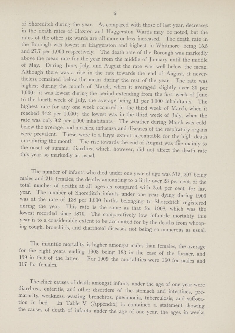 5 of Shoreditch during the year. As compared with those of last year, decreases in the death rates of Hoxton and Haggerston Wards may be noted, but the rates of the other six wards are all more or less increased. The death rate in the Borough was lowest in Haggerston and highest in Whitmore, being 15.5 and 27.7 per 1,000 respectively. The death rate of the Borough was markedly above the mean rate for the year from the middle of January until the middle of May. During June, July, and August the rate was well below the mean. Although there was a rise in the rate towards the end of August, it never theless remained below the mean during the rest of the year. The rate was highest during the month of March, when it averaged slightly over 30 per 1,000; it was lowest during the period extending from the first week of June to the fourth week of July, the average being 11 per 1,000 inhabitants. The highest rate for any one week occurred in the third week of March, when it reached 34.2 per 1,000; the lowest was in the third week of July, when the rate was only 9.2 per 1,000 inhabitants. The weather during March was cold below the average, and measles, influenza and diseases of the respiratory organs were prevalent. These were to a large extent accountable for the high death rate during the month. The rise towards the end of August was due mainly to the onset of summer diarrhoea which, however, did not affect the death rate this year so markedly as usual. The number of infants who died under one year of age was 512, 297 being males and 215 females, the deaths amounting to a little over 23 per cent. of the total number of deaths at all ages as compared with 25.4 per cent. for last, year. The number of Shoreditch infants under one year dying during 1909 was at the rate of 138 per 1,000 births belonging to Shoreditch registered during the year. This rate is the same as that for 1908, which was the lowest recorded since 1870. The comparatively low infantile mortality this year is to a considerable extent to be accounted for by the deaths from whoop ing cough, bronchitis, and diarrhoeal diseases not being so numerous as usual. The infantile mortality is higher amongst males than females, the average for the eight years ending 1908 being 183 in the case of the former, and 159 in that of the latter. For 1909 the mortalities were 160 for males and 117 for females. The chief causes of death amongst infants under the age of one year were diarrhoea, enteritis, and other disorders of the stomach and intestines, pre maturity, weakness, wasting, bronchitis, pneumonia, tuberculosis, and suffoca tion in bed. In Table V. (Appendix) is contained a statement showing the causes of death of infants under the age of one year, the ages in weeks