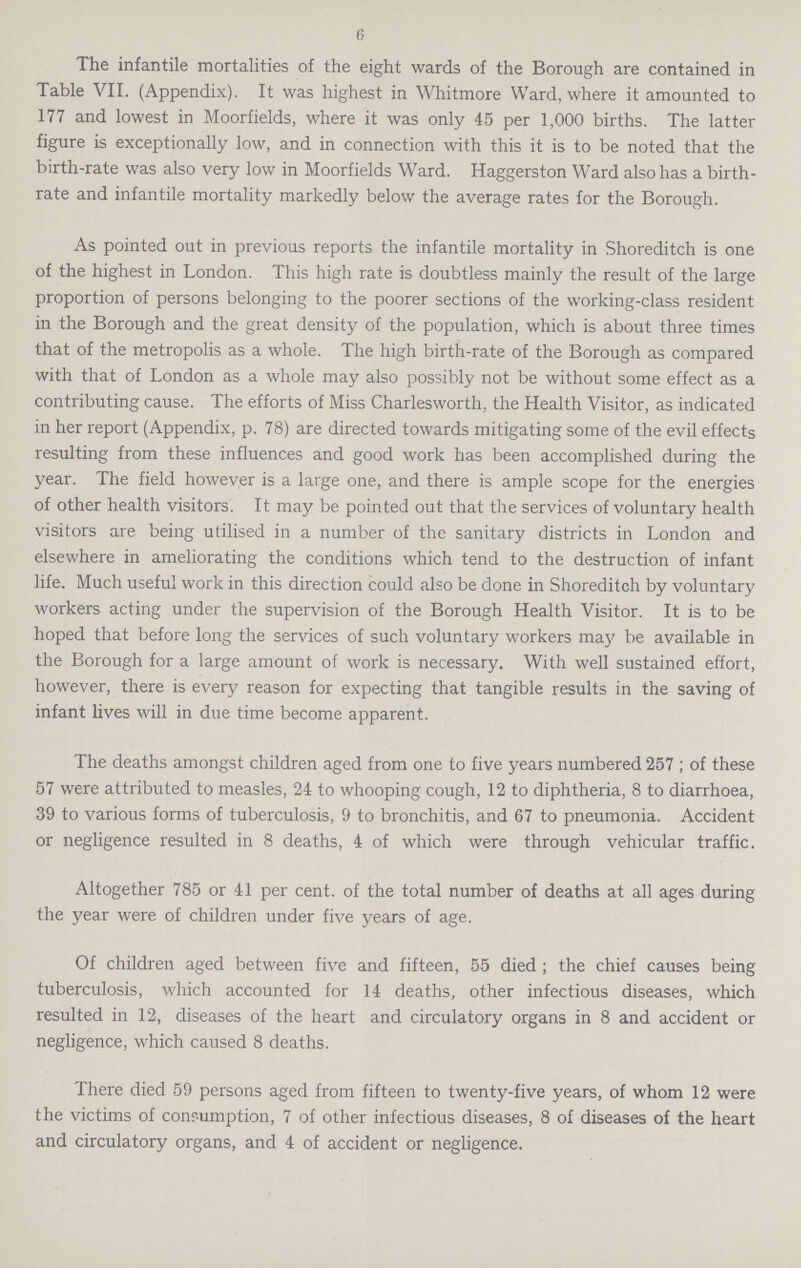 6 The infantile mortalities of the eight wards of the Borough are contained in Table VII. (Appendix). It was highest in Whitmore Ward, where it amounted to 177 and lowest in Moorfields, where it was only 45 per 1,000 births. The latter figure is exceptionally low, and in connection with this it is to be noted that the birth-rate was also very low in Moorfields Ward. Haggerston Ward also has a birth rate and infantile mortality markedly below the average rates for the Borough. As pointed out in previous reports the infantile mortality in Shoreditch is one of the highest in London. This high rate is doubtless mainly the result of the large proportion of persons belonging to the poorer sections of the working-class resident in the Borough and the great density of the population, which is about three times that of the metropolis as a whole. The high birth-rate of the Borough as compared with that of London as a whole may also possibly not be without some effect as a contributing cause. The efforts of Miss Charlesworth, the Health Visitor, as indicated in her report (Appendix, p. 78) are directed towards mitigating some of the evil effects resulting from these influences and good work has been accomplished during the year. The field however is a large one, and there is ample scope for the energies of other health visitors. It may be pointed out that the services of voluntary health visitors are being utilised in a number of the sanitary districts in London and elsewhere in ameliorating the conditions which tend to the destruction of infant life. Much useful work in this direction could also be done in Shoreditch by voluntary workers acting under the supervision of the Borough Health Visitor. It is to be hoped that before long the services of such voluntary workers may be available in the Borough for a large amount of work is necessary. With well sustained effort, however, there is every reason for expecting that tangible results in the saving of infant lives will in due time become apparent. The deaths amongst children aged from one to five years numbered 257 ; of these 57 were attributed to measles, 24 to whooping cough, 12 to diphtheria, 8 to diarrhoea, 39 to various forms of tuberculosis, 9 to bronchitis, and 67 to pneumonia. Accident or negligence resulted in 8 deaths, 4 of which were through vehicular traffic. Altogether 785 or 41 per cent, of the total number of deaths at all ages during the year were of children under five years of age. Of children aged between five and fifteen, 55 died ; the chief causes being tuberculosis, which accounted for 14 deaths, other infectious diseases, which resulted in 12, diseases of the heart and circulatory organs in 8 and accident or negligence, which caused 8 deaths. There died 59 persons aged from fifteen to twenty-five years, of whom 12 were the victims of consumption, 7 of other infectious diseases, 8 of diseases of the heart and circulatory organs, and 4 of accident or negligence.