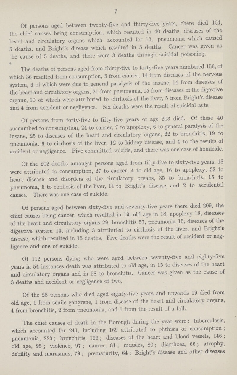 7 Of persons aged between twenty-five and thirty-five years, there died 104, the chief causes being consumption, which resulted in 40 deaths, diseases of the heart and circulatory organs which accounted for 13, pneumonia which caused 5 deaths, and Bright's disease which resulted in 5 deaths. Cancer was given as he cause of 3 deaths, and there were 3 deaths through suicidal poisoning. t The deaths of persons aged from thirty-five to forty-five years numbered 156, of which 36 resulted from consumption, 5 from cancer, 14 from diseases of the nervous system, 4 of which were due to general paralysis of the insane, 14 from diseases of the heart and circulatory organs, 21 from pneumonia, 15 from diseases of the digestive organs, 10 of which were attributed to cirrhosis of the liver, 5 from Bright's disease and 4 from accident or negligence. Six deaths were the result of suicidal acts. Of persons from forty-five to fifty-five years of age 203 died. Of these 40 succumbed to consumption, 24 to cancer, 7 to apoplexy, 6 to general paralysis of the insane, 25 to diseases of the heart and circulatory organs, 22 to bronchitis, 19 to pneumonia, 6 to cirrhosis of the liver, 12 to kidney disease, and 4 to the results of accident or negligence. Five committed suicide, and there was one case of homicide, Of the 202 deaths amongst persons aged from fifty-five to sixty-five years, 18 were attributed to consumption, 27 to cancer, 4 to old age, 16 to apoplexy, 32 to heart disease and disorders of the circulatory organs, 35 to bronchitis, 15 to pneumonia, 5 to cirrhosis of the liver, 14 to Bright's disease, and 2 to accidental causes. There was one case of suicide. Of persons aged between sixty-five and seventy-five years there died 209, the chief causes being cancer, which resulted in 19, old age in 18, apoplexy 18, diseases of the heart and circulatory organs 29, bronchitis 57, pneumonia 15, diseases of the digestive system 14, including 3 attributed to cirrhosis of the liver, and Bright's disease, which resulted in 15 deaths. Five deaths were the result of accident or neg ligence and one of suicide. Of 112 persons dying who were aged between seventy-five and eighty-five years in 54 instances death was attributed to old age, in 15 to diseases of the heart and circulatory organs and in 28 to bronchitis. Cancer was given as the cause of 3 deaths and accident or negligence of two. Of the 28 persons who died aged eighty-five years and upwards 19 died from old age, 1 from senile gangrene, 1 from disease of the heart and circulatory organs, 4 from bronchitis, 2 from pneumonia, and 1 from the result of a fall. The chief causes of death in the Borough during the year were : tuberculosis, which accounted for 241, including 169 attributed to phthisis or consumption ; pneumonia, 223 ; bronchitis, 199 ; diseases of the heart and blood vessels, 146 ; old age, 95 ; violence, 97 ; cancer, 81 ; measles, 80 ; diarrhoea, 66 ; atrophy, debility and marasmus, 79 ; prematurity, 64 ; Bright's disease and other diseases