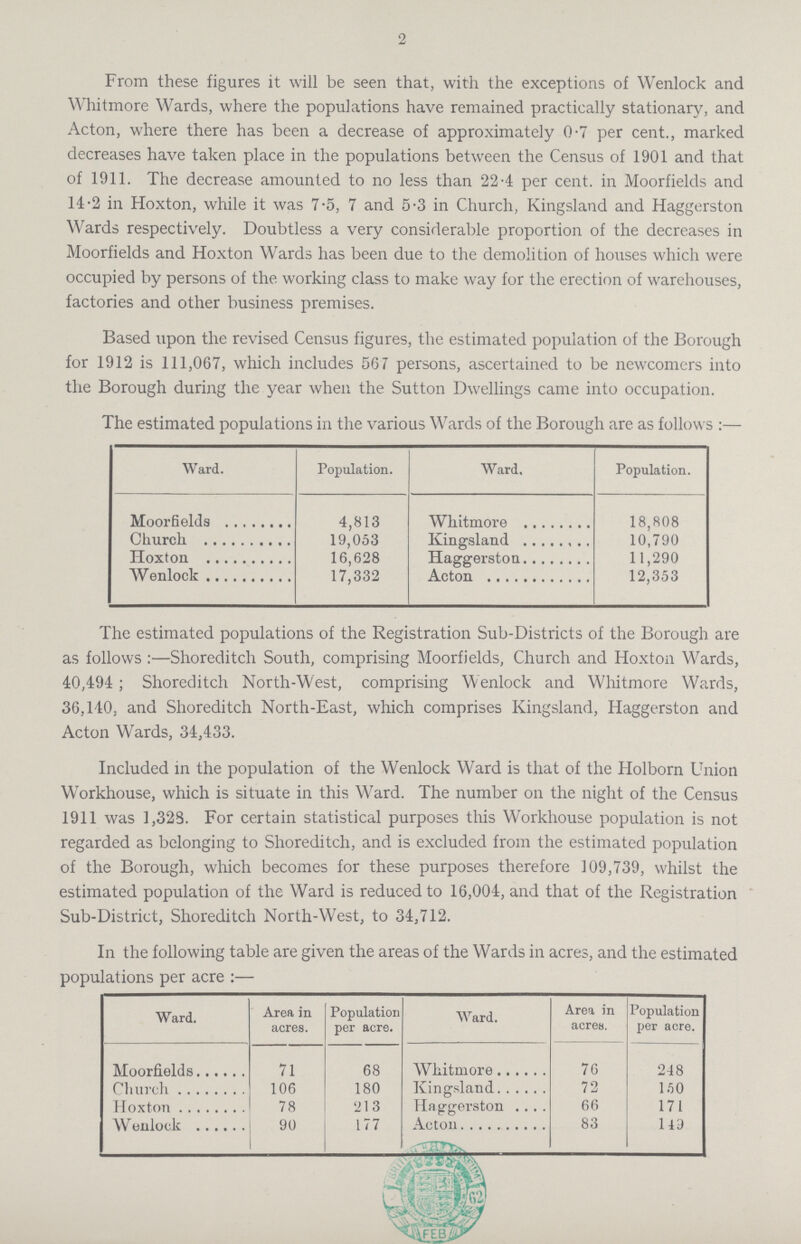 2 From these figures it will be seen that, with the exceptions of Wenlock and Whitmore Wards, where the populations have remained practically stationary, and Acton, where there has been a decrease of approximately 0.7 per cent., marked decreases have taken place in the populations between the Census of 1901 and that of 1911. The decrease amounted to no less than 224 per cent. in Moorfields and 14.2 in Hoxton, while it was 7.5, 7 and 5.3 in Church, Kingsland and Haggerston Wards respectively. Doubtless a very considerable proportion of the decreases in Moorfields and Hoxton Wards has been due to the demolition of houses which were occupied by persons of the working class to make way for the erection of warehouses, factories and other business premises. Based upon the revised Census figures, the estimated population of the Borough for 1912 is 111,067, which includes 567 persons, ascertained to be newcomers into the Borough during the year when the Sutton Dwellings came into occupation. The estimated populations in the various Wards of the Borough are as follows:— Ward. Population. Ward. Population. Moorfields 4,813 Whitmore 18,808 Church 19,053 Kingsland 10,790 Hoxton 16,628 Haggerston 11,290 Wenlock 17,332 Acton 12,353 The estimated populations of the Registration Sub-Districts of the Borough are as follows:—Shoreditch South, comprising Moorfields, Church and Hoxton Wards, 40,494; Shoreditcli North-West, comprising Wenlock and Whitmore Wards, 36,140, and Shoreditch North-East, which comprises Kingsland, Haggerston and Acton Wards, 34,433. Included in the population of the Wenlock Ward is that of the Holborn Union Workhouse, which is situate in this Ward. The number on the night of the Census 1911 was 1,323. For certain statistical purposes this Workhouse population is not regarded as belonging to Shoreditch, and is excluded from the estimated population of the Borough, which becomes for these purposes therefore 109,739, whilst the estimated population of the Ward is reduced to 16,004, and that of the Registration Sub-District, Shoreditch North-West, to 34,712. In the following table are given the areas of the Wards in acres, and the estimated populations per acre:— Ward. Area in acres. Population per acre. Ward. Area in acres. Population per acre. Moorfields 71 68 Whitmore 76 248 Church 106 180 Kingsland 72 150 Hoxton 78 213 Haggerston 66 171 Wenlock 90 177 Acton 83 149