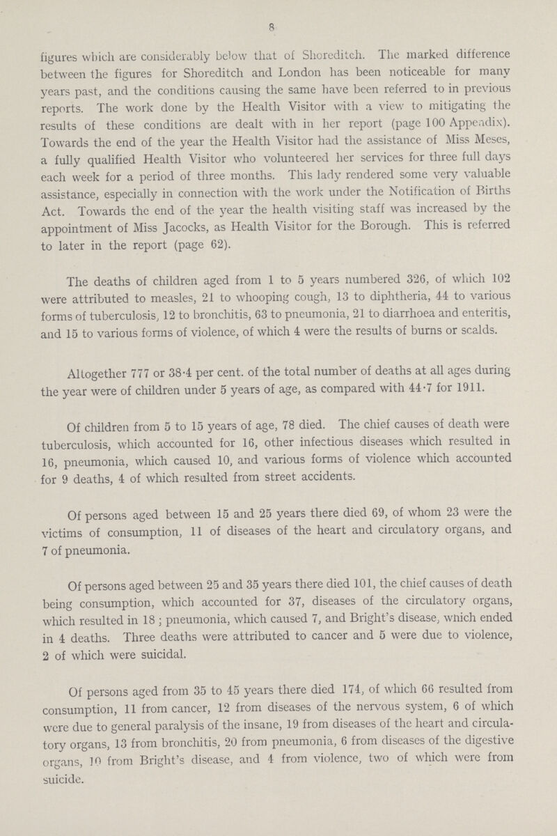 8 figures which are considerably below that of Shoreditch. The marked difference between the figures for Shoreditch and London has been noticeable for many years past, and the conditions causing the same have been referred to in previous reports. The work done by the Health Visitor with a view to mitigating the results of these conditions are dealt with in her report (page 100 Appendix). Towards the end of the year the Health Visitor had the assistance of Miss Meses, a fully qualified Health Visitor who volunteered her services for three full days each week for a period of three months. This lady rendered some very valuable assistance, especially in connection with the work under the Notification of Births Act. Towards the end of the year the health visiting staff was increased by the appointment of Miss Jacocks, as Health Visitor for the Borough. This is referred to later in the report (page 62). The deaths of children aged from 1 to 5 years numbered 326, of which 102 were attributed to measles, 21 to whooping cough, 13 to diphtheria, 44 to various forms of tuberculosis, 12 to bronchitis, 63 to pneumonia, 21 to diarrhoea and enteritis, and 15 to various forms of violence, of which 4 were the results of burns or scalds. Altogether 777 or 38.4 per cent. of the total number of deaths at all ages during the year were of children under 5 years of age, as compared with 44.7 for 1911. Of children from 5 to 15 years of age, 78 died. The chief causes of death were tuberculosis, which accounted for 16, other infectious diseases which resulted in 16, pneumonia, which caused 10, and various forms of violence which accounted for 9 deaths, 4 of which resulted from street accidents. Of persons aged between 15 and 25 years there died 69, of whom 23 were the victims of consumption, 11 of diseases of the heart and circulatory organs, and 7 of pneumonia. Of persons aged between 25 and 35 years there died 101, the chief causes of death being consumption, which accounted for 37, diseases of the circulatory organs, which resulted in 18; pneumonia, which caused 7, and Bright's disease, wnich ended in 4 deaths. Three deaths were attributed to cancer and 5 were due to violence, 2 of which were suicidal. Of persons aged from 35 to 45 years there died 174, of which 66 resulted from consumption, 11 from cancer, 12 from diseases of the nervous system, 6 of which were due to general paralysis of the insane, 19 from diseases of the heart and circula tory organs, 13 from bronchitis, 20 from pneumonia, 6 from diseases of the digestive organs, 10 from Bright's disease, and 4 from violence, two of which were from suicide.