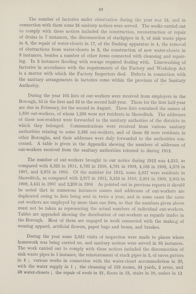 53 The number of factories under observation during the year was 24, and in connection with them some 24 sanitary notices were served. The works carried out to comply with these notices included the construction, reconstruction or repair of drains in 7 instances, the disconnection of stackpipes in 5, of sink waste pipes in 8, the repair of water-closets in 17, of the flushing apparatus in 4, the removal of obstructions from water-closets in 2, the construction of new water-closets in 9 instances, besides a number of other items connected with cleansing and repair ing. In 2 instances flooding with sewage required dealing with. Limewashing of factories in accordance with the requirements of the Factory and Workshop Act is a matter with which the Factory Inspectors deal. Defects in connection with the sanitary arrangements in factories come within the province of the Sanitary Authority. During the year 105 lists of out workers were received from employers in the Borough, 53 in the first and 52 in the second half-year. Those for the first half-year are due in February, for the second in August. These lists contained the names of 1,830 out-workers, of whom 1,296 were not residents in Shoreditch. The addresses of those non-resident were forwarded to the sanitary authoities of the districts to which they belonged. Communications were received from various sanitary authorities relating to some 2,385 out-workers, and of these 82 were residents in other Boroughs, and their addresses were duly forwarded to the authorities con cerned. A table is given in the Appendix showing the numbers of addresses of out-workers received from the sanitary authorities referred to during 1912. The number of out-workers brought to our notice during 1912 was 4,215, as compared with 4,325 in 1911, 4,785 in 1910, 4,781 in 1909, 4,185 in 1908, 4,578 in 1907, and 2,975 in 1906. Of the number for 1912, some 2,837 were residents in Shoreditch, as compared with 2,977 in 1911, 3,333 in 1910, 3,401 in 1909, 2,985 in 1908, 3,431 in 1907 and 2,259 in 1906 As pointed out in previous reports it should be noted that in numerous instances names and addresses of out-workers are duplicated owing to lists being sent in twice a year, and in some cases the same out workers are employed by more than one firm, so that the numbers given above must not be taken as representing the actual numbers of individual out-workers. Tables are appended showing the distribution of out-workers as regards trades in the Borough. Most of them are engaged in work connected with the making of wearing apparel, artificial flowers, paper bags and boxes, and brushes. During the year some 2,645 visits of inspection were made to places where homework was being carried on, and sanitary notices were served in 95 instances. The work carried out to comply with these notices included the disconnection of sink waste pipes in 1 instance, the reinstatement of stack pipes in 3, of eaves gutters in 4 ; various works in connection with the water-closet accommodation in 28, with the water supply in 1 ; the cleansing of 158 rooms, 34 yards, 2 areas, and 39 water-closets ; the repair of roofs in 21, floors in 15, stairs in 10, sashes in 13