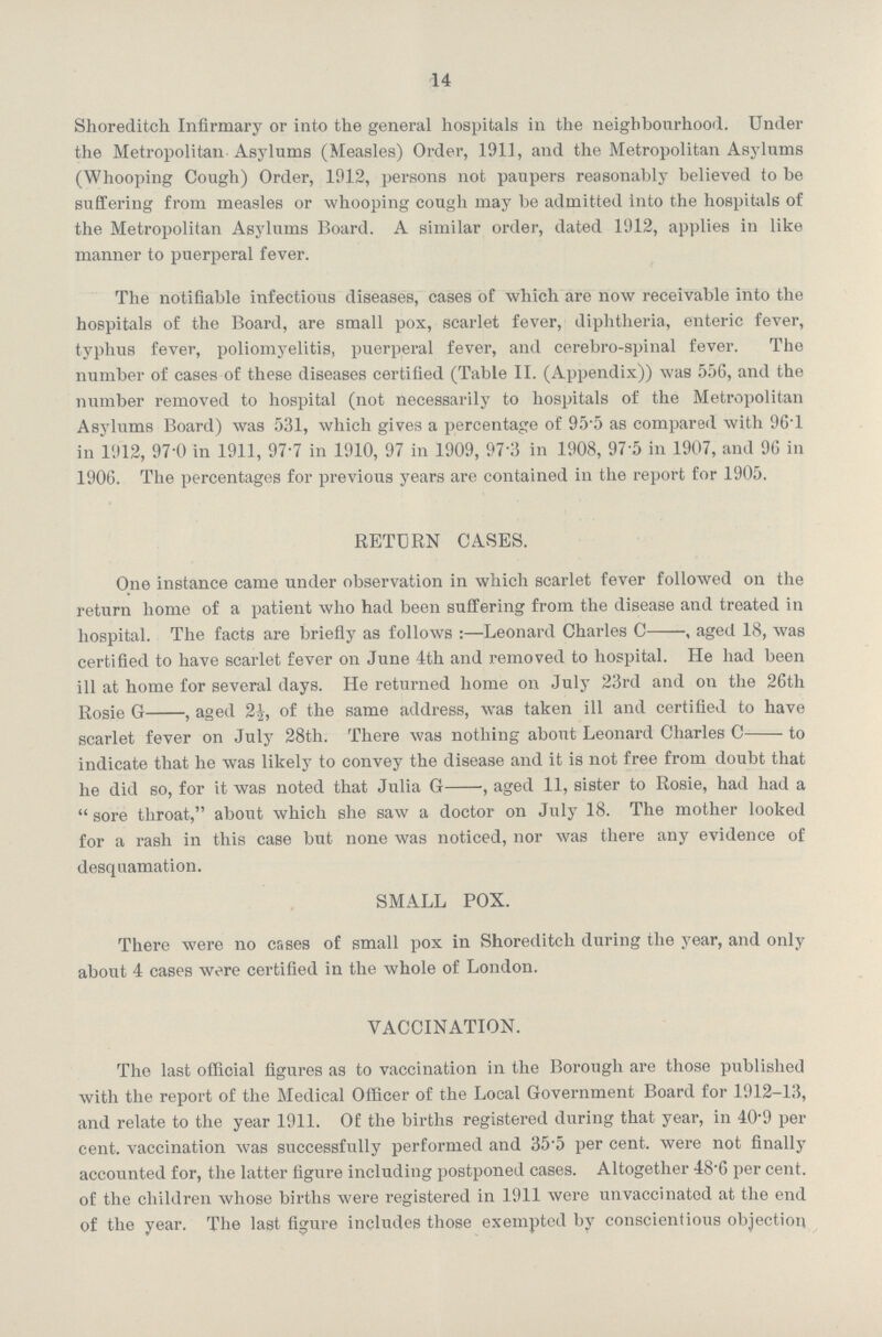 14 Shoreditch Infirmary or into the general hospitals in the neighbourhood. Under the Metropolitan Asylums (Measles) Order, 1911, and the Metropolitan Asylums (Whooping Cough) Order, 1912, persons not paupers reasonably believed to be suffering from measles or whooping cough may be admitted into the hospitals of the Metropolitan Asylums Board. A similar order, dated 1912, applies in like manner to puerperal fever. The notifiable infectious diseases, cases of which are now receivable into the hospitals of the Board, are small pox, scarlet fever, diphtheria, enteric fever, typhus fever, poliomyelitis, puerperal fever, and cerebro-spinal fever. The number of cases of these diseases certified (Table II. (Appendix)) was 556, and the number removed to hospital (not necessarily to hospitals of the Metropolitan Asylums Board) was 531, which gives a percentage of 95.5 as compared with 96.1 in 1912, 97.0 in 1911, 97.7 in 1910, 97 in 1909, 97.3 in 1908, 97.5 in 1907, and 96 in 1906. The percentages for previous years are contained in the report for 1905. RETURN CASES. One instance came under observation in which scarlet fever followed on the return home of a patient who had been suffering from the disease and treated in hospital. The facts are briefly as follows :—Leonard Charles C, aged 18, was certified to have scarlet fever on June 4th and removed to hospital. He had been ill at home for several days. He returned home on July 23rd and on the 26th Rosie G, aged 2½, of the same address, was taken ill and certified to have scarlet fever on July 28th. There was nothing about Leonard Charles C to indicate that he was likely to convey the disease and it is not free from doubt that he did so, for it was noted that Julia G, aged 11, sister to Rosie, had had a sore throat, about which she saw a doctor on July 18. The mother looked for a rash in this case but none was noticed, nor was there any evidence of desquamation. SMALL POX. There were no cases of small pox in Shoreditch during the year, and only about 4 cases were certified in the whole of London. VACCINATION. The last official figures as to vaccination in the Borough are those published with the report of the Medical Officer of the Local Government Board for 1912-13, and relate to the year 1911. Of the births registered during that year, in 40.9 per cent, vaccination was successfully performed and 35.5 per cent, were not finally accounted for, the latter figure including postponed cases. Altogether 48.6 per cent, of the children whose births were registered in 1911 were unvaccinated at the end of the year. The last figure includes those exempted by conscientious objection