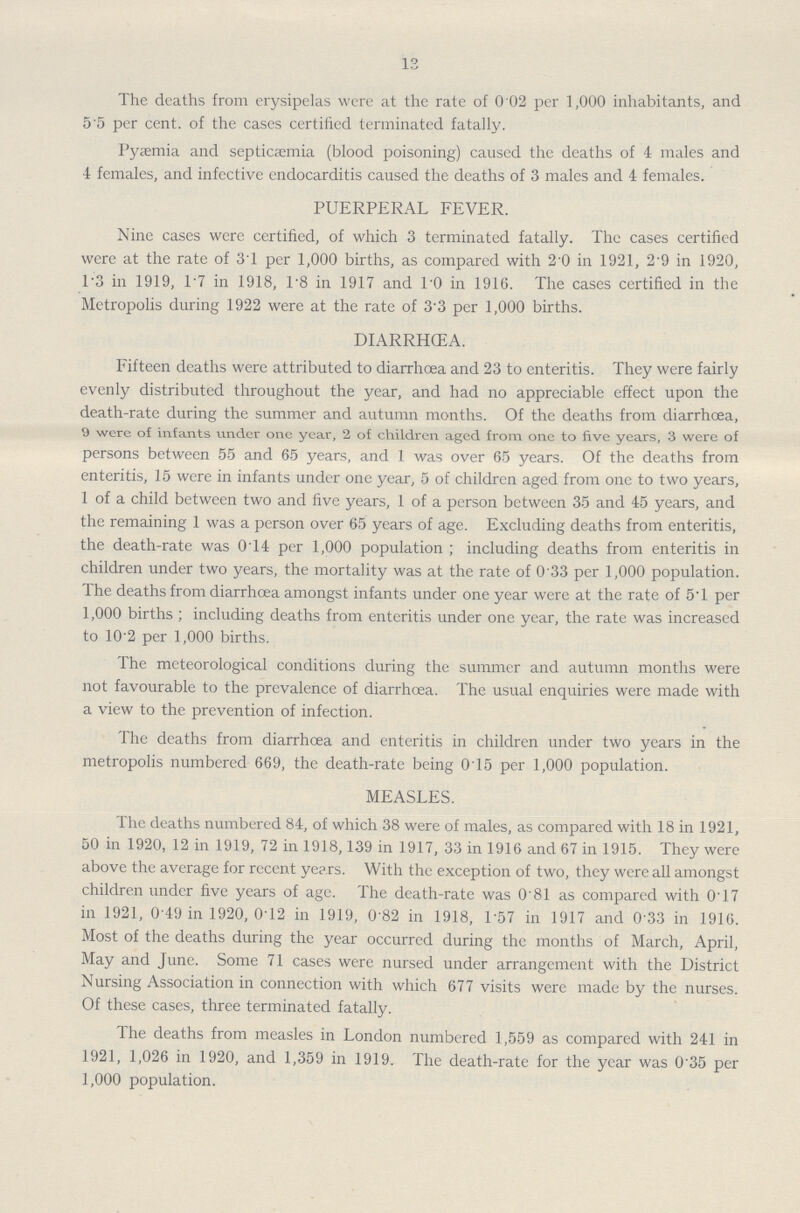 13 The deaths from erysipelas were at the rate of 0.02 per 1,000 inhabitants, and 5.5 per cent. of the cases certified terminated fatally. Pyaemia and septicæmia (blood poisoning) caused the deaths of 4 males and 4 females, and infective endocarditis caused the deaths of 3 males and 4 females. PUERPERAL FEVER. Nine cases were certified, of which 3 terminated fatally. The cases certified were at the rate of 3.1 per 1,000 births, as compared with 2.0 in 1921, 2.9 in 1920, 1.3 in 1919, 1.7 in 1918, 1.8 in 1917 and 1.0 in 1916. The cases certified in the Metropolis during 1922 were at the rate of 33 per 1,000 births. DIARRHOEA. Fifteen deaths were attributed to diarrhoea and 23 to enteritis. They were fairly evenly distributed throughout the year, and had no appreciable effect upon the death-rate during the summer and autumn months. Of the deaths from diarrhcea, 9 were of infants under one year, 2 of children aged from one to five years, 3 were of persons between 5.5 and 65 years, and 1 was over 65 years. Of the deaths from enteritis, 15 were in infants under one year, 5 of children aged from one to two years, 1 of a child between two and five years, 1 of a person between 35 and 45 years, and the remaining 1 was a person over 65 years of age. Excluding deaths from enteritis, the death-rate was 0.14 per 1,000 population; including deaths from enteritis in children under two years, the mortality was at the rate of 0.33 per 1,000 population. The deaths from diarrhoea amongst infants under one year were at the rate of 5.1 per 1,000 births ; including deaths from enteritis under one year, the rate was increased to 10.2 per 1,000 births. The meteorological conditions during the summer and autumn months were not favourable to the prevalence of diarrhoea. The usual enquiries were made with a view to the prevention of infection. The deaths from diarrhoea and enteritis in children under two years in the metropolis numbered 669, the death-rate being 0.15 per 1,000 population. MEASLES. The deaths numbered 84, of which 38 were of males, as compared with 18 in 1921, 50 in 1920, 12 in 1919, 72 in 1918,139 in 1917, 33 in 1916 and 67 in 1915. They were above the average for recent years. With the exception of two, they were all amongst children under five years of age. The death-rate was 0.81 as compared with 0.17 in 1921, 0.49 in 1920, 0.12 in 1919, 0.82 in 1918, 1.57 in 1917 and 0.33 in 1916. Most of the deaths during the year occurred during the months of March, April, May and June. Some 71 cases were nursed under arrangement with the District Nursing Association in connection with which 677 visits were made by the nurses. Of these cases, three terminated fatally. The deaths from measles in London numbered 1,559 as compared with 241 in 1921, 1,026 in 1920, and 1,359 in 1919. The death-rate for the year was 0'35 per 1,000 population.