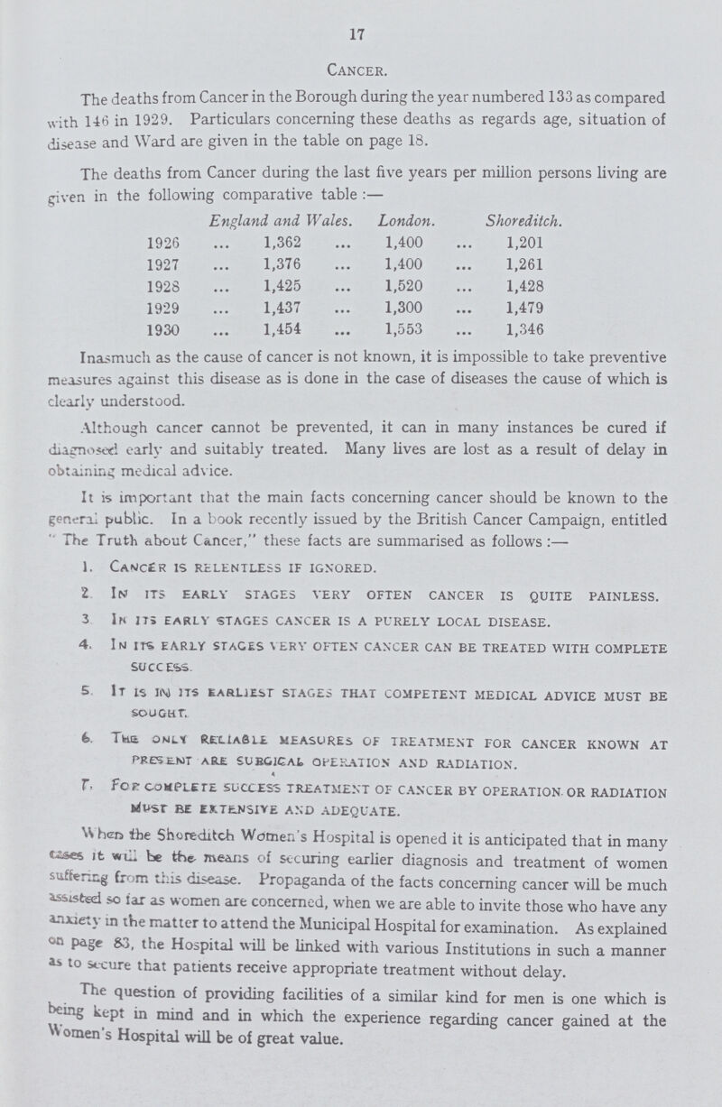 17 Cancer. The deaths from Cancer in the Borough during the year numbered 133 as compared with 146 in 1929. Particulars concerning these deaths as regards age, situation of disease and Ward are given in the table on page 18. The deaths from Cancer during the last five years per million persons living are riven in the following comparative table England and Wales. London. Shoreditch. 1926 1,362 1,400 1,201 1927 1,376 1,400 1,261 1928 1,425 1,520 1,428 1929 1,437 1,300 1,479 1930 1,454 1,553 1,346 Inasmuch as the cause of cancer is not known, it is impossible to take preventive measures against this disease as is done in the case of diseases the cause of which is clearly understood. Although cancer cannot be prevented, it can in many instances be cured if diagnosed early and suitably treated. Many lives are lost as a result of delay in obtaining medical advice. It is important that the main facts concerning cancer should be known to the general public. In a book recently issued by the British Cancer Campaign, entitled The Truth about Cancer, these facts are summarised as follows :— 1. CACER IS RELENTLESS IF IGNORED. 2. In its early stages very often cancer is quite painless. 3. In early stages cancer is a purely local disease. 4. In its early stages very often cancer can be treated with complete success. 5. It is in its earliest stages that competent medical advice must be sought. 6. The. only Reliable measures of treatment for cancer known at present are surgical operation and radiation. 7. For complete success treatment of cancer by operation or radiation must be extensive and adequate. When the Shoreditch Women's Hospital is opened it is anticipated that in many cases it will be the means of securing earlier diagnosis and treatment of women suffering from this disease. Propaganda of the facts concerning cancer will be much assisted so far as women are concerned, when we are able to invite those who have any anxiety in the matter to attend the Municipal Hospital for examination. As explained on page 83, the Hospital will be linked with various Institutions in such a manner as to secure that patients receive appropriate treatment without delay. The question of providing facilities of a similar kind for men is one which is being kept in mind and in which the experience regarding cancer gained at the Women's Hospital will be of great value.