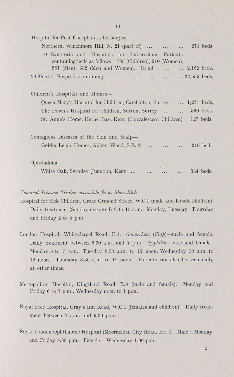 11 Hospital for Post Encephalitis Lethargica— Northern, YVinchmore Hill, N. 21 (part of) 271 beds. 10 Sanatoria and Hospitals for Tuberculous Patients containing beds as follows : 739 (Children), 210 (Women), 581 (Men), 632 (Men and Women). In all 2,162 beds. 20 Mental Hospitals containing 32,539 beds. Children's Hospitals and Homes— Queen Mary's Hospital for Children, Carshalton, Surrey 1,274 beds. The Down's Hospital for Children, Sutton, Surrey 360 beds. St. Anne's Home, Heme Bay, Kent (Convalescent Children) 127 beds. Contagious Diseases of the Skin and Scalp— Goldie Leigh Homes, Abbey Wood, S.E. 2 248 beds Ophthalmia— White Oak, Swanley Junction, Kent 364 beds. Venereal Disease Clinics accessible from Shoreditch— Hospital for Sick Children, Great Ormond Street, W.C.I (male and female children) Daily treatment (Sunday excepted) 9 to 10 a.m., Monday, Tuesday, Thursday and Friday 2 to 4 p.m. London Hospital, Whitechapel Road, E.l. Gonorrhoea {Clap)—male and female, Daily treatment between 9.30 a.m. and 7 p.m. Syphilis—male and female : Monday 5 to 7 p.m., Tuesday 8.30 a.m. to 12 noon, Wednesday 10 a.m. tc 12 noon. Thursday 8.30 a.m. to 12 noon. Patients can also be seen daily at other times. Metropolitan Hospital, Kingsland Road, E.8 (male and female). Monday and Friday 6 to 7 p.m., Wednesday noon to 1 p.m. Royal Free Hospital, Gray's Inn Road, W.C.I (females and children). Daily treat ment between 7 a.m. and 9.30 p.m. Royal London Ophthalmic Hospital (Moorfields), City Road, E.C.I. Male : Monday and Friday 5.30 p.m. Female ; Wednesday 1.30 p.m. 2