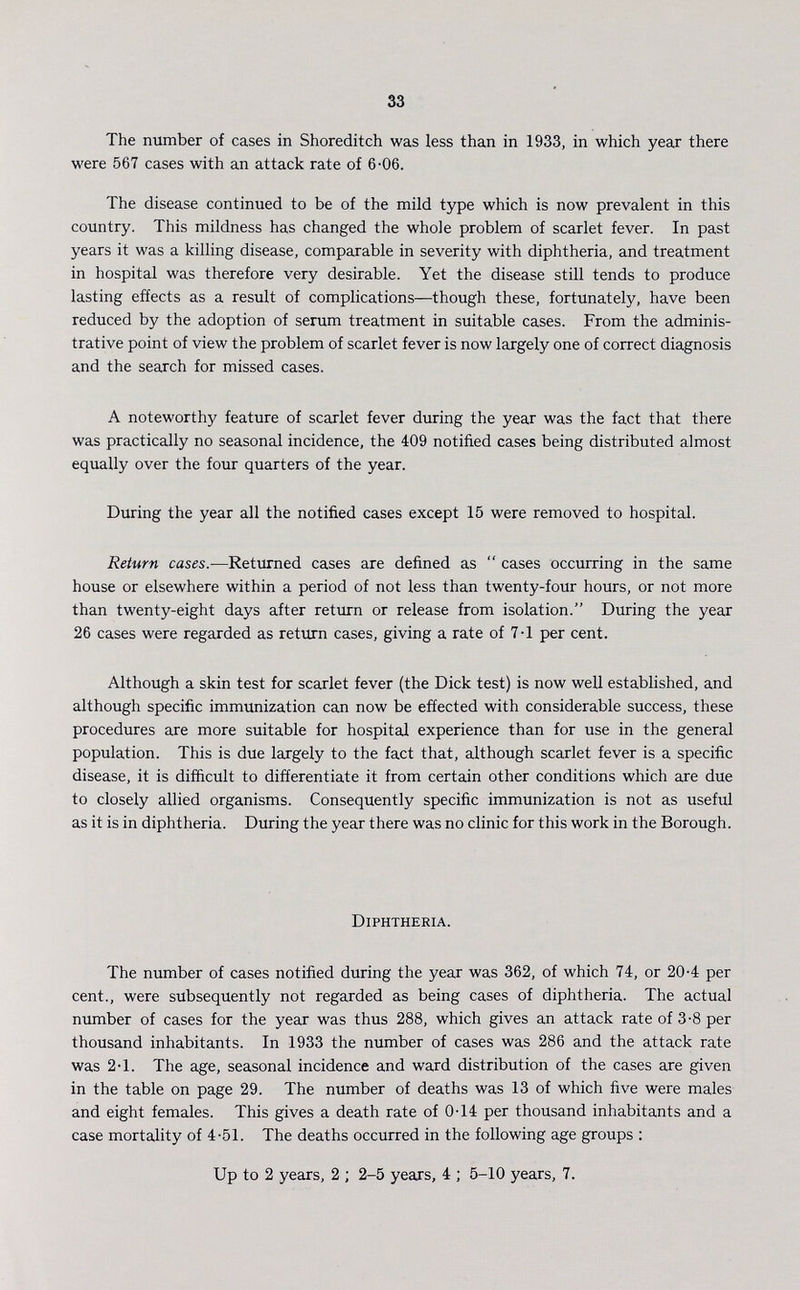 33 The number of cases in Shoreditch was less than in 1933, in which year there were 567 cases with an attack rate of 6.06. The disease continued to be of the mild type which is now prevalent in this country. This mildness has changed the whole problem of scarlet fever. In past years it was a killing disease, comparable in severity with diphtheria, and treatment in hospital was therefore very desirable. Yet the disease still tends to produce lasting effects as a result of complications—though these, fortunately, have been reduced by the adoption of serum treatment in suitable cases. From the adminis trative point of view the problem of scarlet fever is now largely one of correct diagnosis and the search for missed cases. A noteworthy feature of scarlet fever during the year was the fact that there was practically no seasonal incidence, the 409 notified cases being distributed almost equally over the four quarters of the year. During the year all the notified cases except 15 were removed to hospital. Return cases.—Returned cases are defined as cases occurring in the same house or elsewhere within a period of not less than twenty-four hours, or not more than twenty-eight days after return or release from isolation. During the year 26 cases were regarded as return cases, giving a rate of 7.1 per cent. Although a skin test for scarlet fever (the Dick test) is now well established, and although specific immunization can now be effected with considerable success, these procedures are more suitable for hospital experience than for use in the general population. This is due largely to the fact that, although scarlet fever is a specific disease, it is difficult to differentiate it from certain other conditions which are due to closely allied organisms. Consequently specific immunization is not as useful as it is in diphtheria. During the year there was no clinic for this work in the Borough. Diphtheria. The number of cases notified during the year was 362, of which 74, or 20.4 per cent., were subsequently not regarded as being cases of diphtheria. The actual number of cases for the year was thus 288, which gives an attack rate of 3.8 per thousand inhabitants. In 1933 the number of cases was 286 and the attack rate was 2.1. The age, seasonal incidence and ward distribution of the cases are given in the table on page 29. The number of deaths was 13 of which five were males and eight females. This gives a death rate of 0.14 per thousand inhabitants and a case mortality of 4.51. The deaths occurred in the following age groups: Up to 2 years, 2 ; 2-5 years, 4 ; 5-10 years, 7.