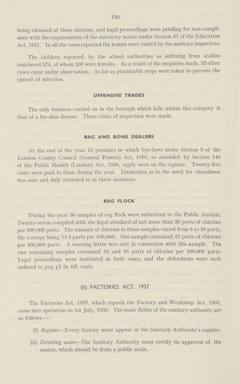 130 being cleansed at these stations, and legal proceedings were pending for non-compli ance with the requirements of the statutory notice under Section 87 of the Education Act, 1921. In all the cases reported the homes were visited by the sanitary inspectors. The children reported by the school authorities as suffering from scabies numbered 374, of whom 206 were females. As a result of the enquiries made, 32 other cases came under observation. As far as practicable steps were taken to prevent the spread of infection. OFFENSIVE TRADES The only business carried on in the borough which falls within this category is that of a fur-skin dresser. Three visits of inspection were made. RAG AND BONE DEALERS At the end of the year 15 premises to which bye-laws under Section 9 of the London County Council (General Powers) Act, 1908, as amended by Section 146 of the Public Health (London) Act, 1936, apply were on the register. Twenty-five visits were paid to these during the year. Intimation as to the need for cleanliness was sent and duly attended to in three instances. RAG FLOCK During the year 30 samples of rag flock were submitted to the Public Analyst. Twenty-seven complied with the legal standard of not more than 30 parts of chlorine per 100,000 parts. The amount of chlorine in these samples varied from 6 to 28 parts, the average being 11.4 parts per 100,000. One sample contained 42 parts of chlorine per 100,000 parts. A warning letter was sent in connection with this sample. The two remaining samples contained 56 and 95 parts of chlorine per 100,000 parts. Legal proceedings were instituted in both cases, and the defendants were each ordered to pay £3 3s. Od. costs. (b) FACTORIES ACT, 1937 The Factories Act, 1937, which repeals the Factory and Workshop Act, 1901, came into operation on 1st July, 1938. The main duties of the sanitary authority are as follows:— (i) Register—Every factory must appear in the Sanitary Authority's register. (ii) Drinking water—The Sanitary Authority must certify its approval of the source, which should be from a public main.