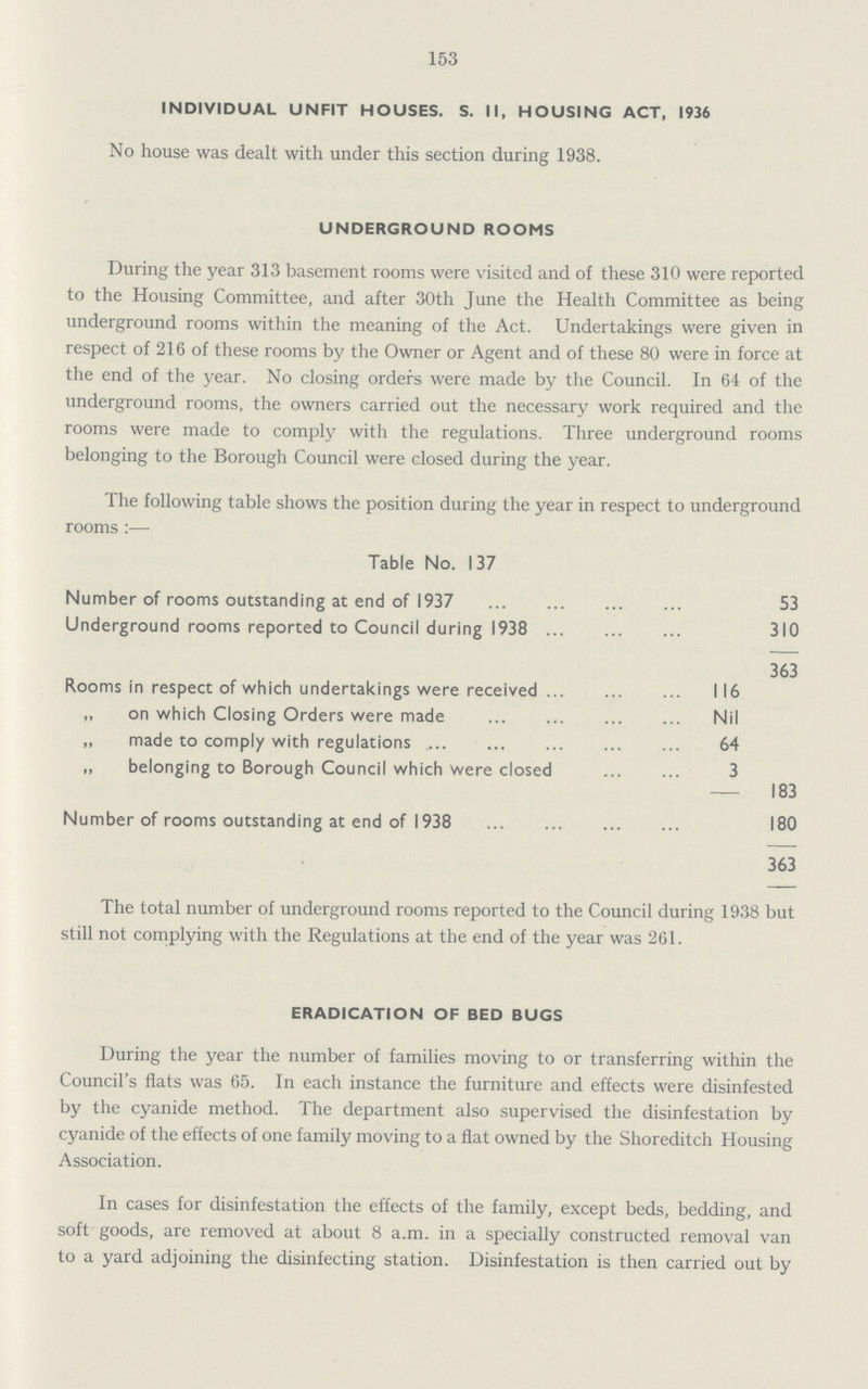 153 INDIVIDUAL UNFIT HOUSES. S. II, HOUSING ACT, 1936 No house was dealt with under this section during 1938. UNDERGROUND ROOMS During the year 313 basement rooms were visited and of these 310 were reported to the Housing Committee, and after 30th June the Health Committee as being underground rooms within the meaning of the Act. Undertakings were given in respect of 216 of these rooms by the Owner or Agent and of these 80 were in force at the end of the year. No closing orders were made by the Council. In 64 of the underground rooms, the owners carried out the necessary work required and the rooms were made to comply with the regulations. Three underground rooms belonging to the Borough Council were closed during the year. The following table shows the position during the year in respect to underground rooms :— Table No. 137 Number of rooms outstanding at end of 1937 53 Underground rooms reported to Council during 1938 310 363 Rooms in respect of which undertakings were received 116 „ on which Closing Orders were made Nil „ made to comply with regulations 64 „ belonging to Borough Council which were closed 3 - 183 Number of rooms outstanding at end of 1938 180 363 The total number of underground rooms reported to the Council during 1938 but still not complying with the Regulations at the end of the year was 261. ERADICATION OF BED BUGS During the year the number of families moving to or transferring within the Council's flats was 65. In each instance the furniture and effects were disinfested by the cyanide method. The department also supervised the disinfestation by cyanide of the effects of one family moving to a flat owned by the Shoreditch Housing Association. In cases for disinfestation the effects of the family, except beds, bedding, and soft goods, are removed at about 8 a.m. in a specially constructed removal van to a yard adjoining the disinfecting station. Disinfestation is then carried out by