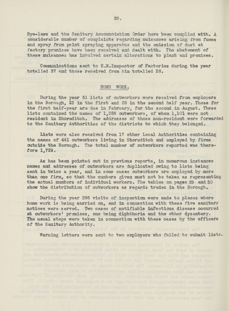 28. Bye-laws and the Sanitary Accommodation Order have been complied with. A considerable number of complaints regarding nuisances arising from fumes and spray from paint spraying apparatus and the emission of dust at factory premises have been received and dealt with. The abatement of these nuisances has involved certain alterations to plant and premises. Communications sent to H.M.Inspeotor of Factories during the year totalled 37 paid those received from him totalled 28. HOME WORK. During the year 51 lists of outworkers were received from employers in the Borough, 23 in the first and 28 in the second half year. Those for the first half-year are due in February, for the second in August. These lists contained the names of 1,288 outworkers, of whom 1,101 were not resident in Shoreditch. The addresses of those non-resident were forwarded to the Sanitary Authorities of the districts to which they belonged. Lists were also received from 17 other Local Authorities containing the names of 441 outworkers living in Shoreditch and employed by firms outside the Borough. The total number of outworkers reported was there fore 1,729. As has been pointed out in previous reports, in numerous instances names and addresses of outworkers are duplicated owing to lists being sent in twice a year, and in some cases outworkers are employed by more than one firm, so that the numbers given must not bo taken as representing the actual numbers of individual workers. The tables on pages 29 and 30 show the distribution of outworkers as regards trades in the Borough. During the year 286 visits of inspection were made to places where home work is being carried on, and in connection with these five sanitary notices were served. Two cases of notifiable infectious disease occurred at outworkers' premises, one being diphtheria and the other dysentery. The usual steps were taken in connection with these oases by the officers of the Sanitary Authority. Warning letters were sent to two employers who failed to submit lists.
