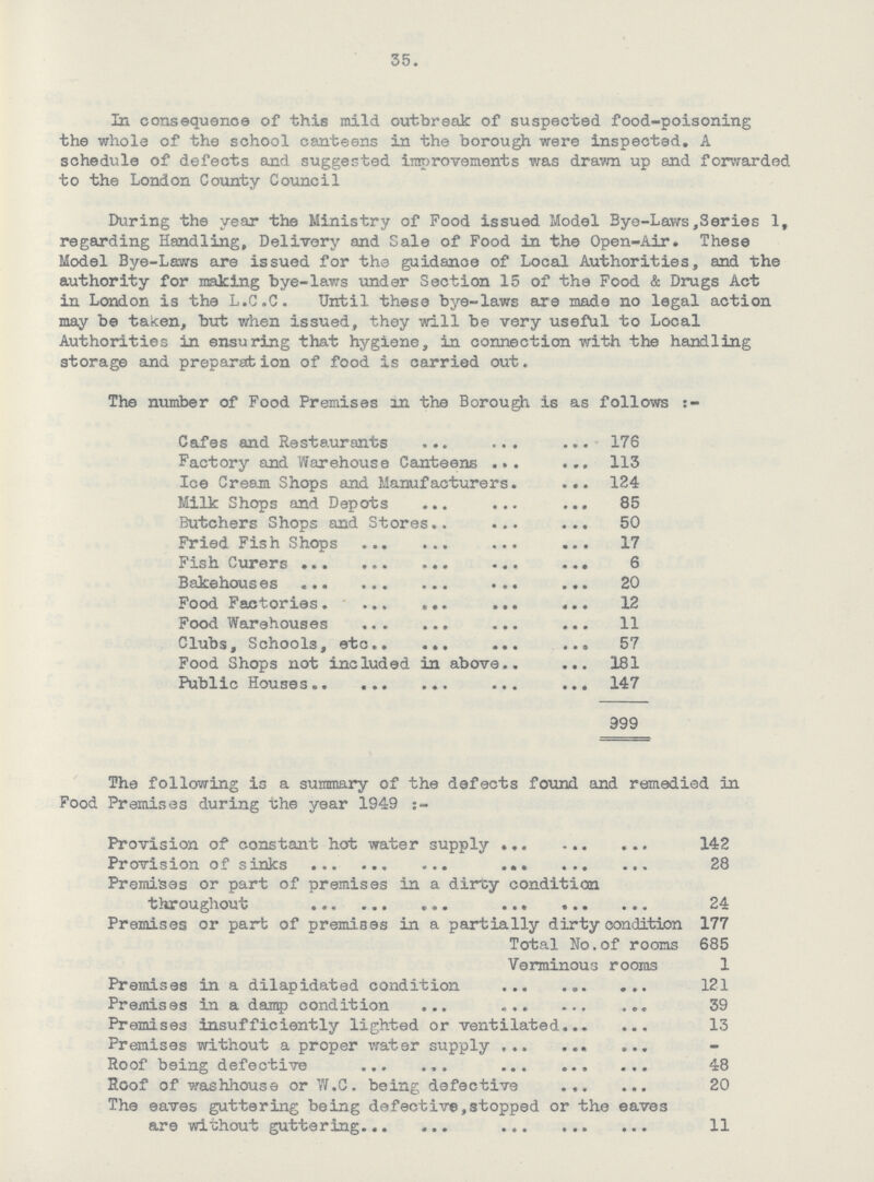 35. In consequence of this mild outbreak of suspected food-poisoning the whole of the school canteens in the borough were inspected. A schedule of defects and suggested improvements was drawn up and forwarded to the London County Council During the year the Ministry of Food issued Model Bye-Laws, Series l, regarding Handling, Delivery and Sale of Food in the Open - Air. These Model Bye-Laws are issued for the guidance of Local Authorities, and the authority for making bye-laws under Section 15 of the Food & Drugs Act in London is the L.C.C. Until these bye - laws are made no legal action may be taken, but when issued, they will be very useful to Local Authorities in ensuring that hygiene, in connection with the handling storage and preparsction of food is carried out. The number of Food Fremises on the Borough is as follows Cafes and Restaurants 176 Factory and Warehouse Canteens 113 Ice Cream Shops and Manufacturers. 124 Milk Shops and Depots 85 Butchers Shops and Stores 50 Fried Fish Shops 17 Fish Curers 6 Bakehouses 20 Food Factories 12 Food Warehouses 11 Clubs, Schools, etc 57 Food Shops not included in above 181 Public Houses 147 999 The following is a summary of the defects found and remedied in Food Premises during the year 1949 Provision of constant hot water supply 142 Provision of sinks 28 Premi'ses or part of premises in a dircy condition throughout 24 Premises or part of premises in a partially dirty condition 177 Total No.of roons 685 Verminous rooms 1 Premises in a dilapidated condition 121 Premises in a dairy condition 39 Premises insufficiently lighted or ventilated 13 Premises without a proper water supply Roof being defective 48 Roof of washhouse or W.C. being defective 20 The eaves guttering being defective,stopped or the eaves are without guttering 11