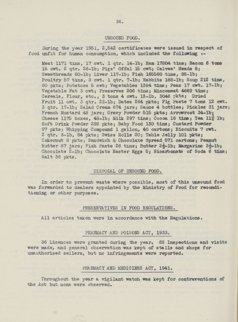 36. UNSOUND FOOD. During the year 1951, 2,542 certificates were issued in respect of food unfit for human consumption, which included the following Meat 1171 tins, 17 cwt. 1 qtr. 14-lb; Ham 17804 tins; Bacon 6 tons 15 cwt. 2 qtr. 26-lb; Pigs' Offal 16 cwt; Calves' Heads 8; Sweetbreads 60-lb; Liver 117-lb; Fish 165560 tins, 88-lb; Poultry 57 tins, 3 cwt. 1 qtr. 7-lb; Rabbits 188-lb; Soup 212 tins, 60 pkts; Potatoes 5 cwt; Vegetables 1384 tins; Peas 17 cwt. 17-lb; Vegetable Fat 3 cwt; Preserves 206 tins; Mincemeat 4669 tins; Cereals, Flour, etc., 3 tons 4 cwt. 13-lb, 3046 pkts; Dried Fruit 11 cwt, 3 qtr. 23-lb; Dates 264 pkts; Fig Paste 7 tons 12 cwt. 3 qtr. 17-lb; Salad Cream 674 jars; Sauce 4 bottles; Pickles 31 jars; French Mustard 48 jars; Gravy Powder 515 pkts; Arrowroot 34-lb; Cheese 1175 boxes, 48-lb; Milk 297 tins; Cocoa 16 tins; Tea 11¾ lb; Soft Drink Powder 288 pkts; Baby Food 130 tins; Custard Powder 97 pkts; Whipping Compound 1 gallon, 40 cartons; Biscuits 7 cwt. 2 qtr. 3-lb, 84 pkts; Swiss Rolls 20; Table Jelly 101 pkts; Cokernut 8 pkts; Sandwich & Chocolate Spread 571 cartons; Peanut Batter 87 jars; Fish Paste 26 tins; Butter 2½-lb; Margarine 3½-lb; Chocolate 2-lb; Chocolate Easter Eggs 5; Bioarbonate of Soda 6 tins; Salt 36 pkts. DISPOSAL OF UNSOUND FOOD. In order to prevent waste where possible, most of this unsound food was forwarded to dealers appointed by the Ministry of Food for recondi tioning or other purposes. PRESERVATIVES IN FOOD REGULATIONS. All articles taken were in accordance with the Regulations. PHARMACY AND POISONS ACT, 1933. 36 Licences were granted during the year. 68 Inspections and visits were made, and general observation was kept of stalls and shops for unauthorised sellers, but no infringements were reported. PHARMACY AND MEDICINES ACT, 1941. Throughout the year a vigilant watch was kept for contraventions of the Act but none were observed.