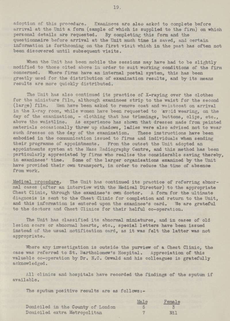 19. adoption of this procedure. Examinees are also asked to complete before arrival at the Unit a form (sample of which is supplied to the firm) on which personal details are requested. By completing this form and the questionnaire before arrival at the Unit much time is saved, and certain information is forthcoming on the first visit which in the past has often not been discovered until subsequent visits. When the Unit has been mobile the sessions may have had to be slightly modified to those cited above in order to suit working conditions of the firm concerned, Where firms have an internal postal system, this has been greatly used for the distribution of examination results, and by its means results are more quickly distributed. The Unit has also continued its practice of X-raying over the clothes for the miniature film, although examinees strip to the waist for the second (large) film. Men have been asked to remove coat and waistcoat on arrival in the X-ray room, while women have been requested to avoid wearing, on the day of the examination, - clothing that has trimmings, buttons, clips, etc., above the waistline. As experience has shown that dresses made from painted materials occasionally threw up shadows, ladies were also advised not to wear such dresses on the day of the examination. These instructions have been embodied in the communication issued to firms and individuals when sending their programme of appointments. From the outset the Unit adopted an appointments system at the Mass Radiography Centre, and this method has been particularly appreciated by firms who realise the considerable saving thereby, in examinees' time. Some of the larger organisations examined by the Unit have provided their own transport, in order to reduce the time of absence from work. Medical procedure. The Unit has continued its practice of referring abnor mal cases (after an interview with the Medical Director) to the appropriate Chest Clinic, through the examinee's own doctor. A form for the ultimate diagnosis is sent to the Chest Clinic for completion and return to the Unit, and this information is entered upon the examinee's card. We are grateful to the doctors and Chest Clinics for their helful co-operation. The Unit has classified its abnormal miniatures, and in cases of old lesion scars or abnormal hearts, etc., special letters have been issued instead of the usual notification card, as it was felt the latter was not appropriate. Where any investigation is outside the purview of a Chest Clinic, the case was referred to St. Bartholomew's Hospital. Appreciation of this valuable co-operation by Dr. N.C. Oswald and his colleagues is gratefully acknowledged. All clinics and hospitals have recorded the findings of the sputum if available. The sputum positive results are as follows Domiciled in the County of London Domiciled extra Metropolitan Male 5 7 Female 3 Nil