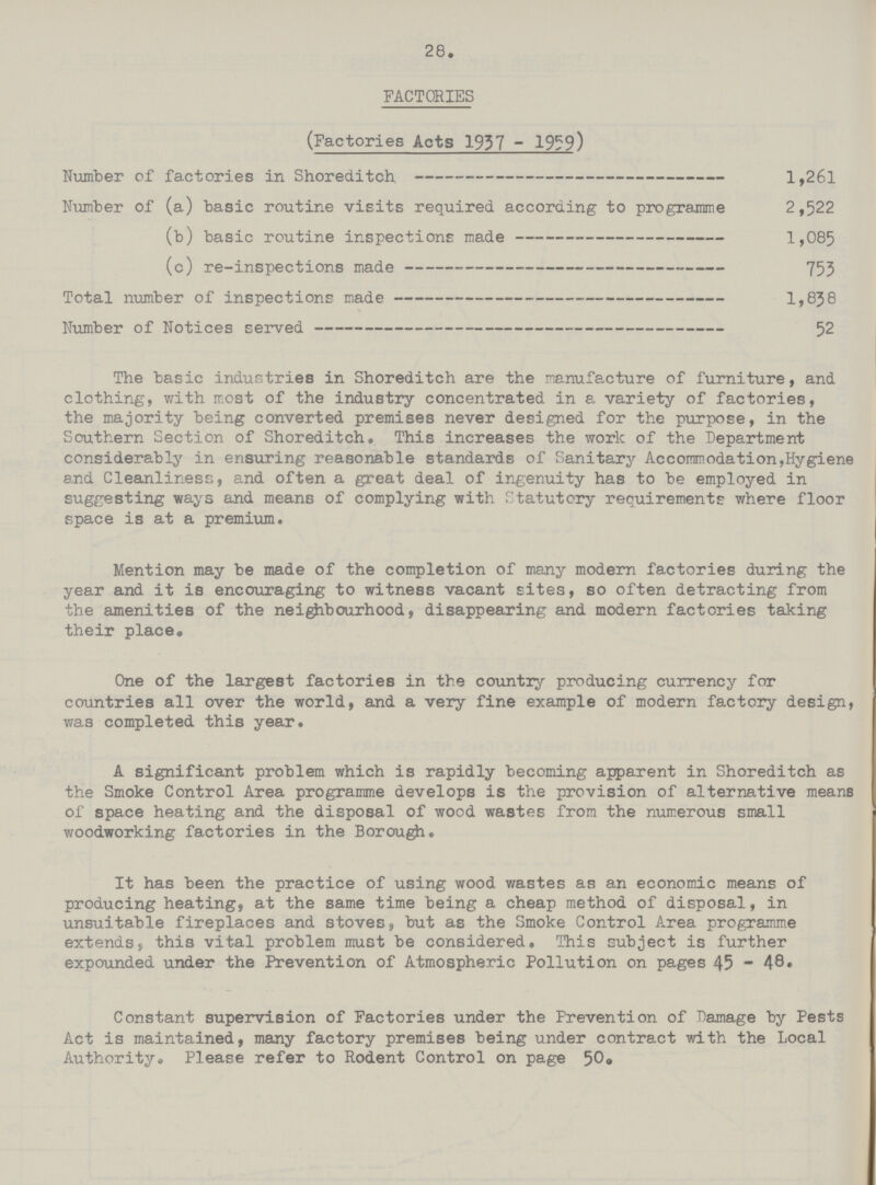 28 FACTORIES (Factories Acts 1957 - 1959) Number of factories in Shoreditch l,26l Number of (a) basic routine visits required according to programme 2,522 (b) basic routine inspections made 1,085 (c) re-inspections made 755 Total number of inspections made 1,858 Number of Notices served 52 The basic industries in Shoreditch are the manufacture of furniture, and clothing, with most of the industry concentrated in a variety of factories, the majority being converted premises never designed for the purpose, in the Southern Section of Shoreditch. This increases the work of the Department considerably in ensuring reasonable standards of Sanitary Accommodation,Hygiene and Cleanliness, and often a great deal of ingenuity has to be employed in suggesting ways and means of complying with Statutory requirements where floor space is at a premium. Mention may be made of the completion of many modern factories during the year and it is encouraging to witness vacant sites, so often detracting from the amenities of the neighbourhood, disappearing and modern factories taking their place. One of the largest factories in the country producing currency for countries all over the world, and a very fine example of modern factory design, was completed this year. A significant problem which is rapidly becoming apparent in Shoreditch as the Smoke Control Area programme develops is the provision of alternative means of space heating and the disposal of wood wastes from the numerous small woodworking factories in the Borough. It has been the practice of using wood wastes as an economic means of producing heating, at the same time being a cheap method of disposal, in unsuitable fireplaces and stoves, but as the Smoke Control Area programme extends, this vital problem must be considered. This subject is further expounded under the Prevention of Atmospheric Pollution on pages 45 - 48. Constant supervision of Factories under the Prevention of Damage by Pests Act is maintained, many factory premises being under contract with the Local Authority. Please refer to Rodent Control on page 50.