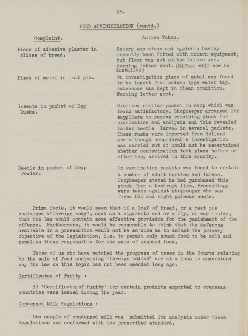 38. FOOD ADMINISTRATION (contd.) Complaint. Action Taken. Piece of adhesive plaster in slices of bread. Bakery was clean and hygienic having recently been fitted with modern equipment, but flour was not sifted before use. Warning letter sent.(Sifter will now be installed.) Piece of metal in meat pie. On investigation piece of metal was found to be insert from modern type water tap. Bakehouse was kept in clean condition. Warning letter sent. Insects in packet of Egg Rusks. Examined similar packet in shop which was found satisfactory. Shopkeeper arranged for suppliers to remove remaining stock for examination and analysis and this revealed larder beetle larva® in several packets. These rusks were imported from Holland and although considerable investigation was carried out it could not be ascertained whether contamination took place before or after they arrived in this country. Beetle in packet of Soup Powder. On examination packets was found to contain a number of adult beetles and larvae. Shopkeeper stated he had purchased this stock from a bankrupt firm. Proceedings were taken against shopkeeper who was fined £20 and eight guineas costs. Prima facie, it would seem that if a loaf of bread, or a meat pie contained aforeign body, such as a cigarette end or a fly, or was mouldy, that the Law would contain some effective provision for the punishment of the offence. Furthermore, it would be reasonable to think that the defences available in a prosecution would not be so wide as to defeat the primary objective of the legislation, i.e. to permit only sound food to be sold and penalise those responsible for the sale of unsound food. Those of us who have watched the progress of cases in the Courts relating to the sale of food containing foreign bodies are at a loss to understand why the Law on this topic has not been amended long ago. Certificates of Purity: 32 'Certificates of Purity' for certain products exported to overseas countries were issued during the year. Condensed Milk Regulations: One sample of condensed milk was submitted for analysis under these Regulations and conformed with the prescribed standard.