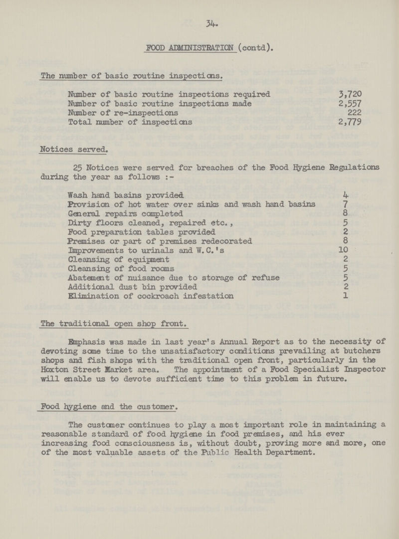 34. FOOD ADMINISTRATION (contd). The number of basic routine inspections. Number of basic routine inspections required 3,720 Number of basic routine inspections made 2,557 Number of re-inspections 222 Total number of inspections 2,779 Notices served. 25 Notices were served for breaches of the Food Hygiene Regulations during the year as follows : - Wash hand basins provided 4 Provision of hot water over sinks and wash hand basins 7 General repairs completed 8 Dirty floors cleaned, repaired etc., 5 Food preparation tables provided 2 Premises or part of premises redecorated 8 Improvements to urinals and W. C. 's 10 Cleansing of equipment 2 Cleansing of food rooms 5 Abatement of nuisance due to storage of refuse 5 Additional dust bin provided 2 Elimination of cockroach infestation 1 The traditional open shop front. Baphasis was made in last year's Annual Report as to the necessity of devoting some time to the unsatisfactory conditions prevailing at butchers shops and fish shops with the traditional open front, particularly in the Hcocton Street Market area. The appointment of a Food Specialist Inspector will enable vis to devote sufficient time to this problem in future. Food hygiene and the customer. The customer continues to play a most important role in maintaining a reasonable standard of food hygiene in food premises, and his ever increasing food consciousness is, without doubt, proving more and more, one of the most valuable assets of the Public Health Department.