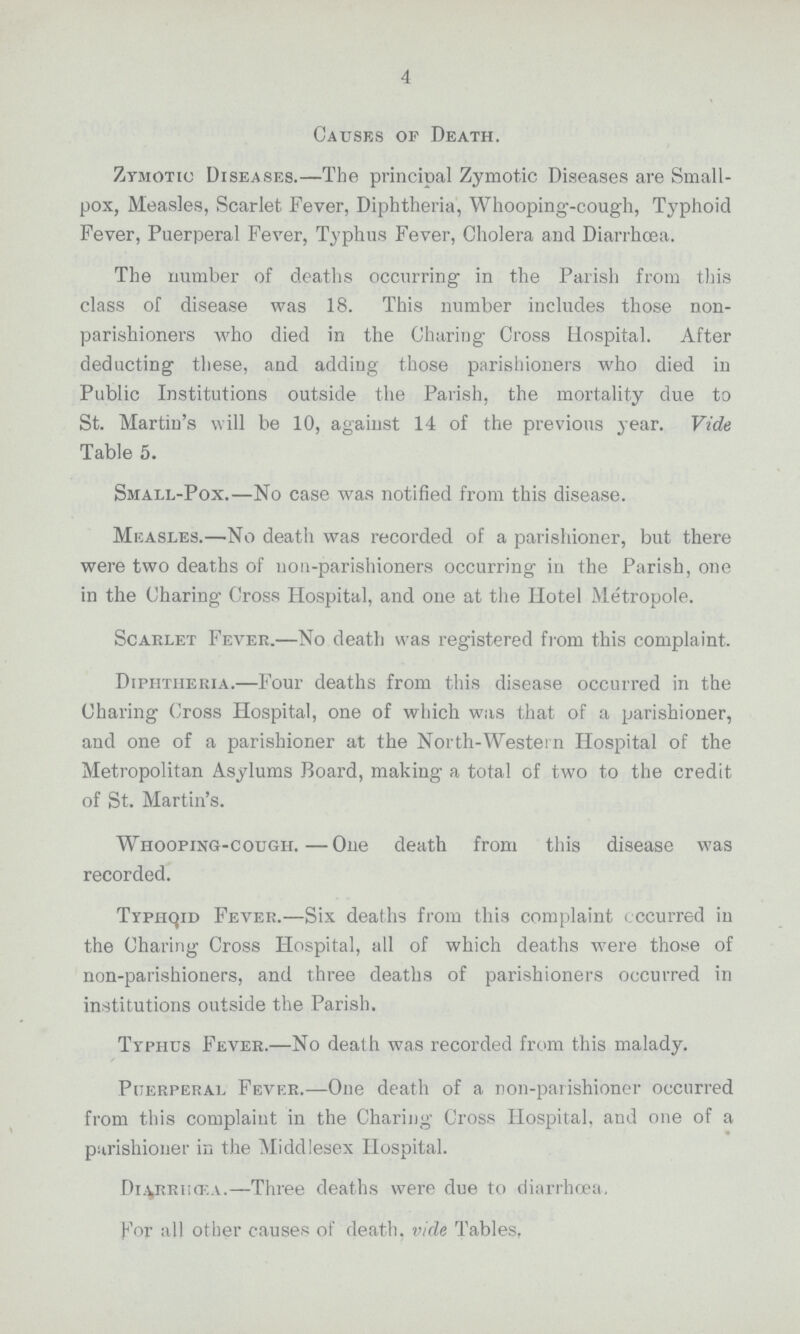 4 Causes of Death. Zymotic Diseases.—The principal Zymotic Diseases are Small pox, Measles, Scarlet. Fever, Diphtheria, Whooping-cough, Typhoid Fever, Puerperal Fever, Typhus Fever, Cholera and Diarrhoea. The number of deaths occurring in the Parish from this class of disease was 18. This number includes those non parishioners who died in the Charing Cross Hospital. After deducting these, and adding those parishioners who died in Public Institutions outside the Parish, the mortality due to St. Martin's will be 10, against 14 of the previous year. Vide Table 5. Small-Pox.—No case was notified from this disease. Measles.—No death was recorded of a parishioner, but there were two deaths of non-parishioners occurring in the Parish, one in the Charing Cross Hospital, and one at the Hotel Metropole. Scarlet Fever.—No death was registered from this complaint. Diphtheria.—Four deaths from this disease occurred in the Charing Cross Hospital, one of which was that of a parishioner, and one of a parishioner at the North-Western Hospital of the Metropolitan Asylums Board, making a total of two to the credit of St. Martin's. Whooping-cough.—One death from this disease was recorded. Typhoid Fever.—Six deaths from this complaint occurred in the Charing Cross Hospital, all of which deaths were those of non-parishioners, and three deaths of parishioners occurred in institutions outside the Parish. Typhus Fever.—No death was recorded from this malady. Puerperal Fever.—One death of a non-parishioner occurred from this complaint in the Charing Cross Hospital, and one of a parishioner in the Middlesex Hospital. Diarrhœa.—Three deaths were due to diarrhœa. For all other causes of death, vide Tables,