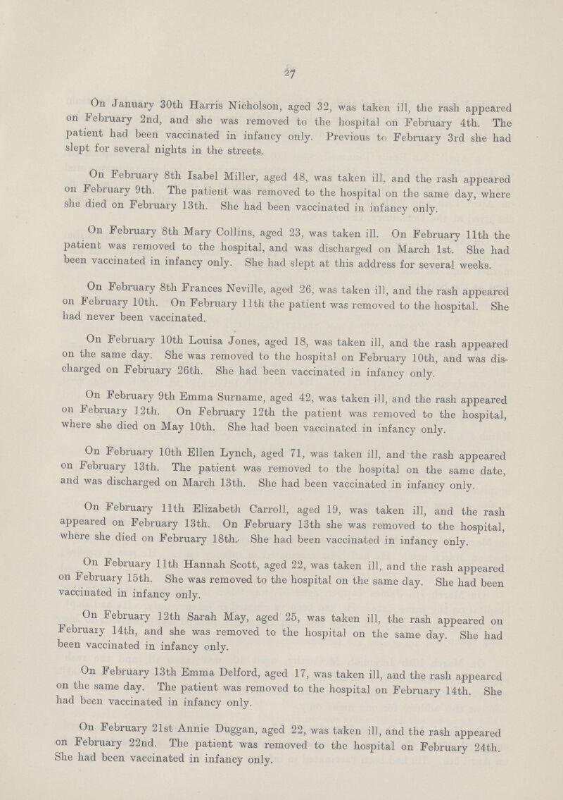 27 On January 30th Harris Nicholson, aged 32, was taken ill, the rash appeared on February 2nd, and she was removed to the hospital on February 4th. The patient had been vaccinated in infancy only. Previous to February 3rd she had slept for several nights in the streets. On February 8th Isabel Miller, aged 48, was taken ill, and the rash appeared on February 9th. The patient was removed to the hospital on the same day, where she died on February 13th. She had been vaccinated in infancy only. On February 8th Mary Collins, aged 23, was taken ill. On February 11th the patient was removed to the hospital, and was discharged on March 1st. She had been vaccinated in infancy only. She had slept at this address for several weeks. On February 8th Frances Neville, aged 26, was taken ill, and the rash appeared on February 10th. On February 11th the patient was removed to the hospital. She had never been vaccinated. On February 10th Louisa Jones, aged 18, was taken ill, and the rash appeared on the same day. She was removed to the hospital on February 10th, and was dis charged on February 26th. She had been vaccinated in infancy only. On February 9th Emma Surname, aged 42, was taken ill, and the rash appeared on February 12th. On February 12th the patient was removed to the hospital, where she died on May 10th. She had been vaccinated in infancy only. On February 10th Ellen Lynch, aged 71, was taken ill, and the rash appeared on February 13th. The patient was removed to the hospital on the same date, and was discharged on March 13th. She had been vaccinated in infancy only. On February 11th Elizabeth Carroll, aged 19, was taken ill, and the rash appeared on February 13th. On February 13th she was removed to the hospital, where she died on February 18th. She had been vaccinated in infancy only. On February 11th Hannah Scott, aged 22, was taken ill, and the rash appeared on February 15th. She was removed to the hospital on the same day. She had been vaccinated in infancy only. On February 12th Sarah May, aged 25, was taken ill, the rash appeared on February 14th, and she was removed to the hospital on the same day. She had been vaccinated in infancy only. On February 13th Emma Delford, aged 17, was taken ill, and the rash appeared on the same day. The patient was removed to the hospital on February 14th. She had been vaccinated in infancy only. On February 21st Annie Duggan, aged 22, was taken ill, and the rash appeared on February 22nd. The patient was removed to the hospital on February 24th. She had been vaccinated in infancy only.