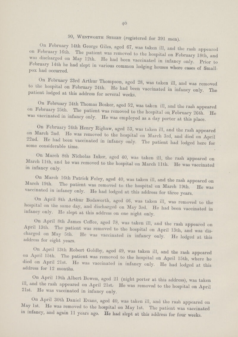 40 90, Wentworth Street (registered for 391 men). On February 14th George Giles, aged 67, was taken ill, and the rash appeared on February 16th. The patient was removed to the hospital on February 18th, and was discharged on May 12th. He had been vaccinated in infancy only. Prior to February 14th he had slept in various common lodging houses where cases of Small pox had occurred. On February 23rd Arthur Thompson, aged 28, was taken ill, and was removed to the hospital on February 24th. He had been vaccinated in infancy only. The patient lodged at this address for several weeks. On February 24th Thomas Bosker, aged 52, was taken ill, and the rash appeared on February 25th. The patient was removed to the hospital on February 26th. He was vaccinated in infancy only. He was employed as a day porter at this place. On February 24th Henry Righaw, aged 53, was taken ill, and the rash appeared on March 2nd. He was removed to the hospital on March 3rd, and died on April 22nd. He had been vaccinated in infancy only. The patient had lodged here for some considerable time. On March 8th Nicholas Inker, aged 40, was taken ill, the rash appeared on March 11th, and he was removed to the hospital on March 11th. He was vaccinated in infancy only. On March 16th Patrick Foley, aged 40, was taken ill, and the rash appeared on March 19th. The patient was removed to the hospital on March 19th. He was vaccinated in infancy only. He had lodged at this address for three years. On April 8th Arthur Bodsworth, aged 46, was taken ill, was removed to the hospital on the same day, and discharged on May 3rd. He had been vaccinated in infancy only. He slept at this address on one night only. On April 8th James Coffee, aged 78, was taken ill, and the rash appeared on April 13th. The patient was removed to the hospital on April 13th, and was dis charged on May 5th. He was vaccinated in infancy only. He lodged at this address for eight years. On April 13th Robert Goldby, aged 49, was taken ill, and the rash appeared on April 15th. The patient was removed to the hospital on April 15th, where he died on April 21st. He was vaccinated in infancy only. He had lodged at this address for 12 months. On April 19th Albert Bowen, aged 21 (night porter at this address), was taken ill, and the rash appeared on April 21st. He was removed to the hospital on April 21st. He was vaccinated in infancy only. On April 30th Daniel Evans, aged 40, was taken ill, and the rash appeared on May 1st. He was removed to the hospital on May 1st. The patient was vaccinated in infancy, and again 11 years ago. He had slept at this address for four weeks.