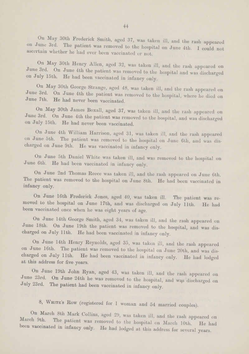 44 On May 30th Frederick Smith, aged 37, was taken ill, and the rash appeared on June 3rd. The patient was removed to the hospital on June 4th. I could not ascertain whether he had ever been vaccinated or not. On May 30th Henry Allen, aged 32, was taken ill, and the rash appeared on June 3rd. On June 4th the patient was removed to the hospital and was discharged on July 15th. He had been vaccinated in infancy only. On May 30th George Strange, aged 48, was taken ill, and the rash appeared on June 3rd. On June 4th the patient was removed to the hospital, where he died on June 7th. He had never been vaccinated. On May 30th James Boxall, aged 37, was taken ill, and the rash appeared on June 3rd. On June 4th the patient was removed to the hospital, and was discharged on July 15th. He had never been vaccinated. On June 4th William Harrison, aged 31, was taken ill, and the rash appeared on June 5th. The patient was removed to the hospital on June 6th, and was dis charged on June 9th. He was vaccinated in infancy only. On June 5th Daniel White was taken ill, and was removed to the hospital on June 6tli. He had been vaccinated in infancy only. On June 2nd Thomas Reece was taken ill, and the rash appeared on June 6th. The patient was removed to the hospital on June 8th. He had been vaccinated in infancy only. On June 16th Frederick Jones, aged 40, was taken ill. The patient was re moved to the hospital on June 17th, and was discharged on July 11th. He had been vaccinated once when he was eight years of age. On June 14th George Smith, aged 34, was taken ill, and the rash appeared on June 18th. On June 19th the patient was removed to the hospital, and was dis charged on July 11th. He had been vaccinated in infancy only. On June 14th Henry Reynolds, aged 35, was taken ill, and the rash appeared on June 16th. The patient was removed to the hospital on June 20th, and was dis charged on July 11th. He had been vaccinated in infancy only. He had lodged at this address for five years. On June 19th John Ryan, aged 43, was taken ill, and the rash appeared on June 23rd. On June 24th he was removed to the hospital, and was discharged on July 23rd. The patient had been vaccinated in infancy only. 8, White's Row (registered for 1 woman and 54 married couples). On March 8th Mark Collins, aged 29, was taken ill, and the rash appeared on March 9th. The patient was removed to the hospital on March 10 th. He had been vaccinated in infancy only. He had lodged at this address for several years.