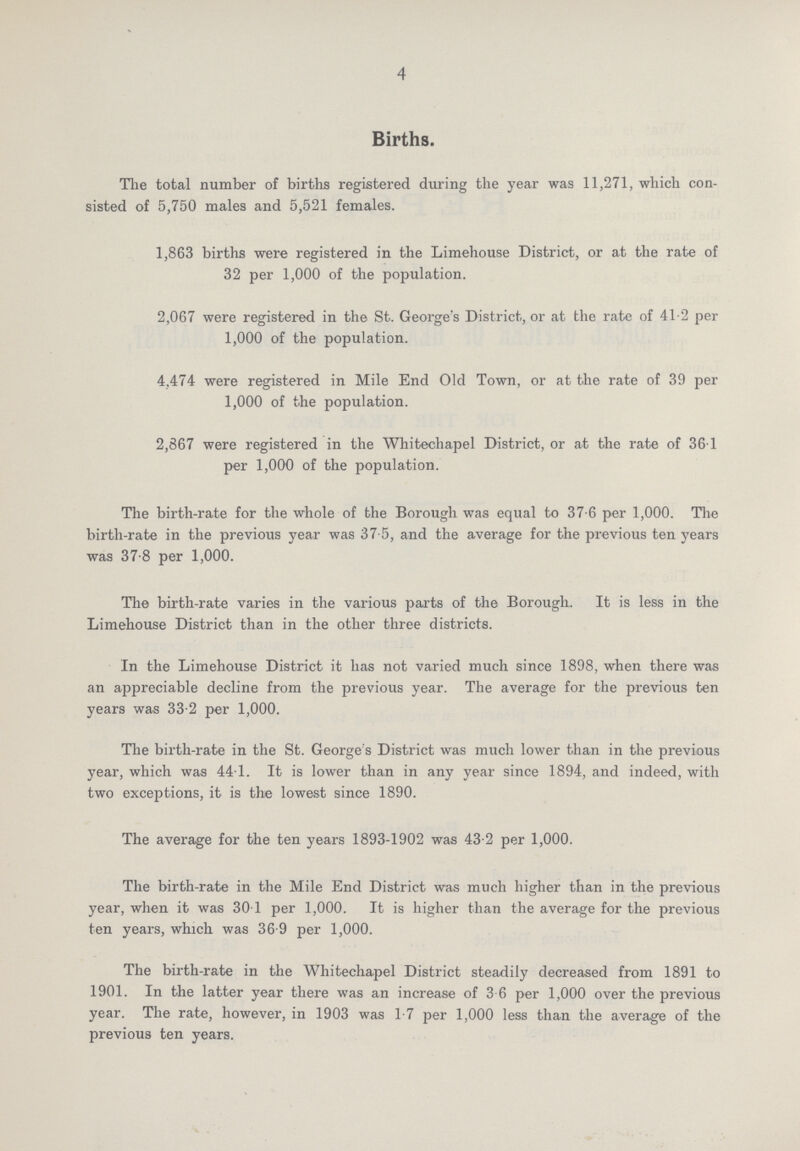 4 Births. The total number of births registered during the year was 11,271, which con sisted of 5,750 males and 5,521 females. 1,863 births were registered in the Limehouse District, or at the rate of 32 per 1,000 of the population. 2,067 were registered in the St. George's District, or at the rate of 41.2 per 1,000 of the population. 4,474 were registered in Mile End Old Town, or at the rate of 39 per 1,000 of the population. 2,867 were registered in the Whitechapel District, or at the rate of 36.1 per 1,000 of the population. The birth-rate for the whole of the Borough was equal to 37.6 per 1,000. The birth-rate in the previous year was 37.5, and the average for the previous ten years was 37.8 per 1,000. The birth-rate varies in the various parts of the Borough. It is less in the Limehouse District than in the other three districts. In the Limehouse District it has not varied much since 1898, when there was an appreciable decline from the previous year. The average for the previous ten years was 33.2 per 1,000. The birth-rate in the St. George's District was much lower than in the previous year, which was 44.1. It is lower than in any year since 1894, and indeed, with two exceptions, it is the lowest since 1890. The average for the ten years 1893-1902 was 43.2 per 1,000. The birth-rate in the Mile End District was much higher than in the previous year, when it was 30.1 per 1,000. It is higher than the average for the previous ten years, which was 36.9 per 1,000. The birth-rate in the Whitechapel District steadily decreased from 1891 to 1901. In the latter year there was an increase of 3.6 per 1,000 over the previous year. The rate, however, in 1903 was 1.7 per 1,000 less than the average of the previous ten years.