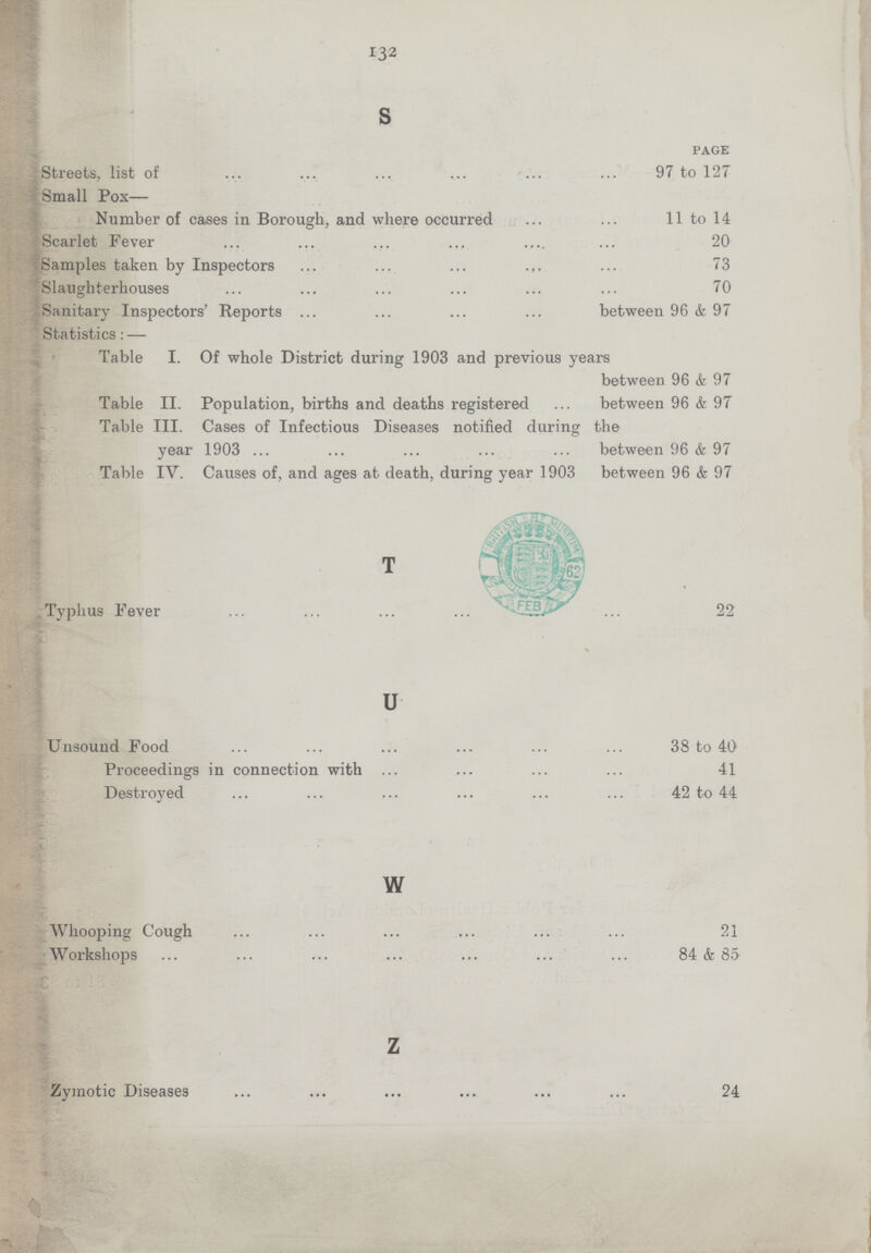 132 s page Streets, list of 97 to 127 Small Pox— Number of cases in Borough, and where occurred 11 to 14 Scarlet Fever 20 Samples taken by Inspectors 73 Slaughterhouses 70 Sanitary Inspectors' Reports between 96 & 97 Statistics: — Table I. Of whole District during 1903 and previous years between 96 & 97 Table II. Population, births and deaths registered between 96 & 97 Table III. Cases of Infectious Diseases notified during the year 1903 between 96 & 97 Table IV. Causes of, and ages at death, during year 1903 between 96 & 97 Typhus Fever 22 u Unsound Food 38 to 40 Proceedings in connection with 41 Destroyed 42 to 44 w Whooping Cough 21 Workshops 84 & 85 z Zymotic Diseases 24