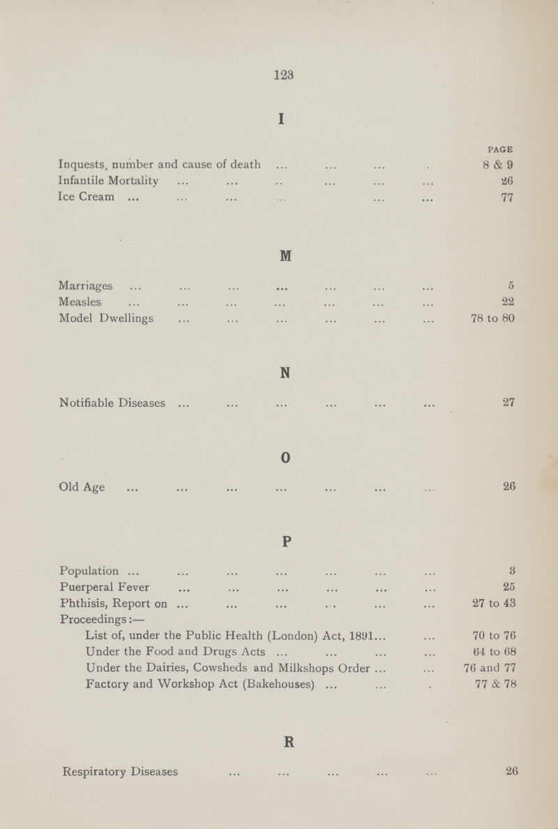 123 I PAGE Inquests, number and cause of death 8 & 9 Infantile Mortality 26 Ice Cream 77 M Marriages 5 Measles 22 Model Dwellings 78 to 80 N Notifiable Diseases 27 O Old Age 26 P Population 3 Puerperal Fever 25 Phthisis, Report on 27 to 43 Proceedings:— List of, under the Public Health (London) Act, 1891 70 to 76 Under the Food and Drugs Acts 61 to 68 Under the Dairies, Cowsheds and Milkshops Order 76 and 77 Factory and Workshop Act (Bakehouses) 77 & 78 R Respiratory Diseases 26