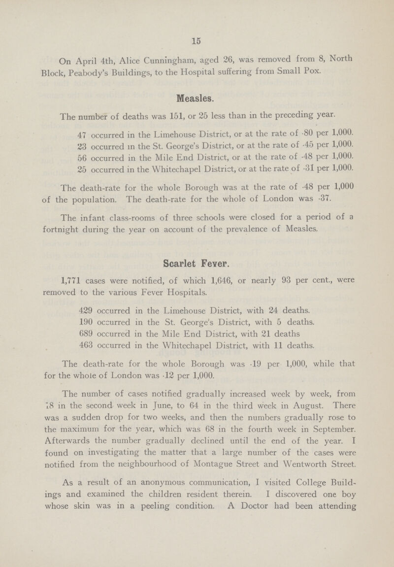 15 On April 4th, Alice Cunningham, aged 26, was removed from 8, North Block, Peabody's Buildings, to the Hospital suffering from Small Pox. Measles. The number of deaths was 151, or 25 less than in the preceding year. 47 occurred in the Limehouse District, or at the rate of .80 per 1,000. 23 occurred in the St. George's District, or at the rate of .45 per 1,000. 56 occurred in the Mile End District, or at the rate of .48 per 1,000. 25 occurred in the Whitechapel District, or at the rate of .31 per 1,000. The death-rate for the whole Borough was at the rate of .48 per 1,000 of the population. The death-rate for the whole of London was .37. The infant class-rooms of three schools were closed for a period of a fortnight during the year on account of the prevalence of Measles. Scarlet Fever. 1,771 cases were notified, of which 1,646, or nearly 93 per cent., were removed to the various Fever Hospitals. 429 occurred in the Limehouse District, with 24 deaths. 190 occurred in the St. George's District, with 5 deaths. 689 occurred in the Mile End District, with 21 deaths 463 occurred in the Whitechapel District, with 11 deaths. The death-rate for the whole Borough was 19 per 1,000, while that for the whole of London was 12 per 1,000. The number of cases notified gradually increased week by week, from 18 in the second week in June, to 64 in the third week in August. There was a sudden drop for two weeks, and then the numbers gradually rose to the maximum for the year, which was 68 in the fourth week in September. Afterwards the number gradually declined until the end of the year. I found on investigating the matter that a large number of the cases were notified from the neighbourhood of Montague Street and Wentworth Street. As a result of an anonymous communication, I visited College Build ings and examined the children resident therein. I discovered one boy whose skin was in a peeling condition. A Doctor had been attending