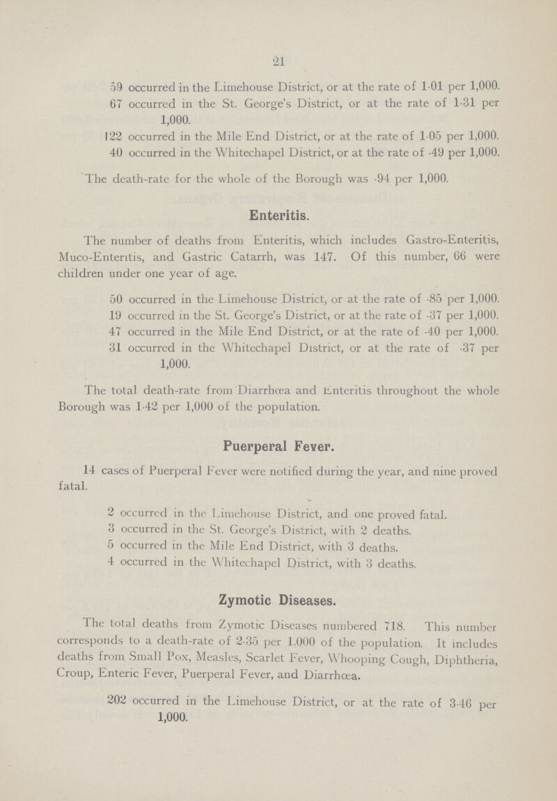 21 59 occurred in the Limehouse District, or at the rate of 101 per 1,000. 67 occurred in the St. George's District, or at the rate of 1.31 per 1,000. 122 occurred in the Mile End District, or at the rate of 105 per 1,000. 40 occurred in the Whitechapel District, or at the rate of .49 per 1,000. The death-rate for the whole of the Borough was .94 per 1,000. Enteritis. The number of deaths from Enteritis, which includes Gastro-Enteritis, Muco-Enteritis, and Gastric Catarrh, was 147. Of this number, 66 were children under one year of age. 50 occurred in the Limehouse District, or at the rate of .85 per 1,000. 19 occurred in the St. George's District, or at the rate of .37 per 1,000. 47 occurred in the Mile End District, or at the rate of .40 per 1,000. 31 occurred in the Whitechapel District, or at the rate of .37 per 1,000. The total death-rate from Diarrhoea and Enteritis throughout the whole Borough was 1.42 per 1,000 of the population. Puerperal Fever. 14 cases of Puerperal Fever were notified during the year, and nine proved fatal. 2 occurred in the Limehouse District, and one proved fatal. 3 occurred in the St. George's District, with 2 deaths. 5 occurred in the Mile End District, with 3 deaths. 4 occurred in the Whitechapel District, with 3 deaths. Zymotic Diseases. 1 he total deaths from Zymotic Diseases numbered 718. This number corresponds to a death-rate of 2.35 per 1.000 of the populatioa It includes deaths from Small Pox, Measles, Scarlet Fever, Whooping Cough, Diphtheria, Croup, Enteric Fever, Puerperal Fever, and Diarrhoea. 202 occurred in the Limehouse District, or at the rate of 3.46 per 1,000.