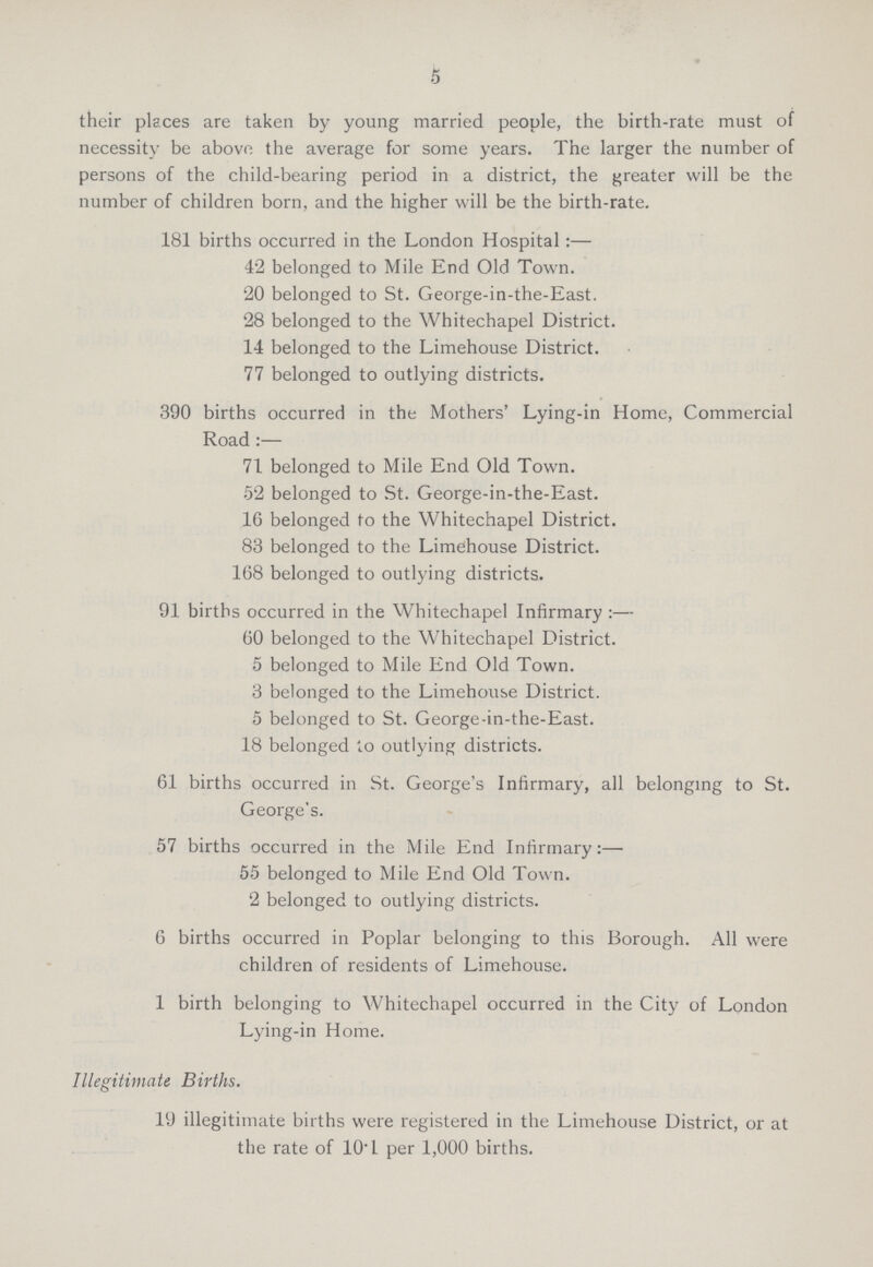 5 their places are taken by young married people, the birth-rate must of necessity be above the average for some years. The larger the number of persons of the child-bearing period in a district, the greater will be the number of children born, and the higher will be the birth-rate. 181 births occurred in the London Hospital:— 42 belonged to Mile End Old Town. 20 belonged to St. George-in-the-East. 28 belonged to the Whitechapel District. 14 belonged to the Limehouse District. 77 belonged to outlying districts. 390 births occurred in the Mothers' Lying-in Home, Commercial Road:— 71 belonged to Mile End Old Town. 52 belonged to St. George-in-the-East. 16 belonged to the Whitechapel District. 83 belonged to the Limehouse District. 168 belonged to outlying districts. 91 births occurred in the Whitechapel Infirmary:— 60 belonged to the Whitechapel District. 5 belonged to Mile End Old Town. 3 belonged to the Limehouse District. 5 belonged to St. George-in-the-East. 18 belonged to outlying districts. 61 births occurred in St. George's Infirmary, all belonging to St. George's. 57 births occurred in the Mile End Infirmary:— 55 belonged to Mile End Old Town. 2 belonged to outlying districts. 6 births occurred in Poplar belonging to this Borough. All were children of residents of Limehouse. 1 birth belonging to Whitechapel occurred in the City of London Lying-in Home. Illegitimate Births. 19 illegitimate births were registered in the Limehouse District, or at the rate of 10.1 per 1,000 births.