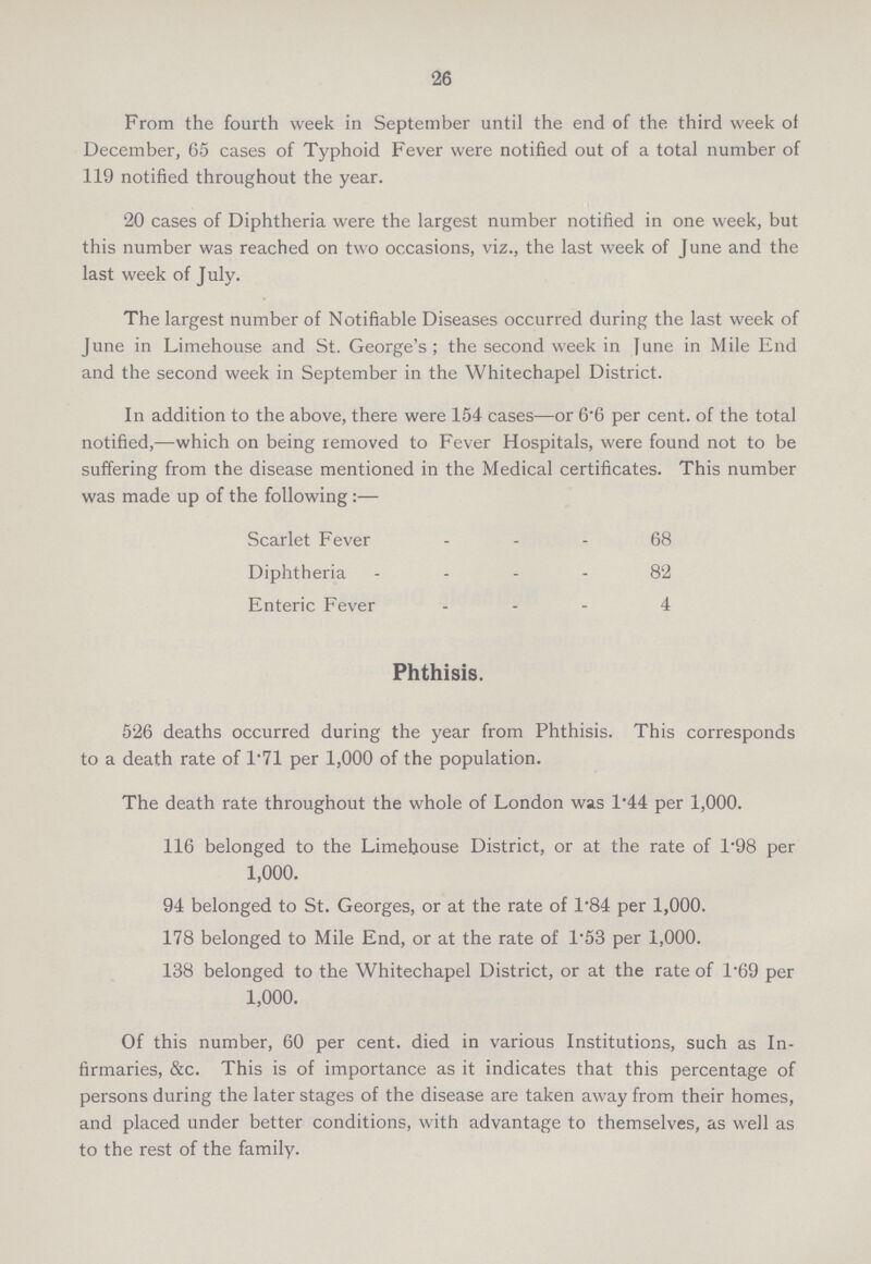 26 From the fourth week in September until the end of the third week of December, 65 cases of Typhoid Fever were notified out of a total number of 119 notified throughout the year. 20 cases of Diphtheria were the largest number notified in one week, but this number was reached on two occasions, viz., the last week of June and the last week of July. The largest number of Notifiable Diseases occurred during the last week of June in Limehouse and St. George's; the second week in June in Mile End and the second week in September in the Whitechapel District. In addition to the above, there were 154 cases—or 6.6 per cent. of the total notified,—which on being removed to Fever Hospitals, were found not to be suffering from the disease mentioned in the Medical certificates. This number was made up of the following:— Scarlet Fever 68 Diphtheria 82 Enteric Fever 4 Phthisis. 526 deaths occurred during the year from Phthisis. This corresponds to a death rate of 1.71 per 1,000 of the population. The death rate throughout the whole of London was 1.44 per 1,000. 116 belonged to the Limehouse District, or at the rate of 1.98 per 1,000. 94 belonged to St. Georges, or at the rate of 1.84 per 1,000. 178 belonged to Mile End, or at the rate of 1.53 per 1,000. 138 belonged to the Whitechapel District, or at the rate of 1.69 per 1,000. Of this number, 60 per cent. died in various Institutions, such as In firmaries, &c. This is of importance as it indicates that this percentage of persons during the later stages of the disease are taken away from their homes, and placed under better conditions, with advantage to themselves, as well as to the rest of the family.