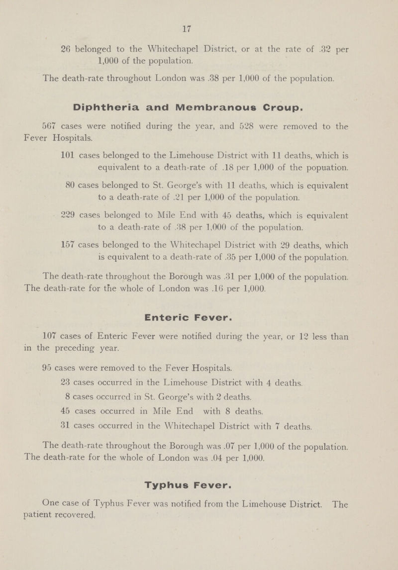 17 20 belonged to the Whitechapel District, or at the rate of .32 per 1,000 of the population. The death-rate throughout London was .38 per 1,000 of the population. Diphtheria and Membranous Croup. 5G7 cases were notified during the year, and 528 were removed to the Fever Hospitals. 101 cases belonged to the Limehouse District with 11 deaths, which is equivalent to a death-rate of .18 per 1,000 of the popuation. 80 cases belonged to St. George's with 11 deaths, which is equivalent to a death-rate of .21 per 1,000 of the population. 229 cases belonged to Mile End with 45 deaths,, which is equivalent to a death-rate of .38 per 1,000 of the population. 157 cases belonged to the Whitechapel District with 29 deaths, which is equivalent to a death-rate of .35 per 1,000 of the population. The death-rate throughout the Borough was .31 per 1,000 of the population. The death-rate for the whole of London was .l6 per 1,000. Enteric Fever. 107 cases of Enteric Fever were notified during the year, or 12 less than in the preceding year. 95 cases were removed to the Fever Hospitals. 23 cases occurred in the Limehouse District with 4 deaths. 8 cases occurred in St. George's with 2 deaths. 45 cases occurred in Mile End with 8 deaths. 31 cases occurred in the Whitechapel District with 7 deaths. The death-rate throughout the Borough was .07 per 1,000 of the population. The death-rate for the whole of London was .04 per 1,000. Typhus Fever. One case of Typhus Fever was notified from the Limehouse District. The patient recovered.