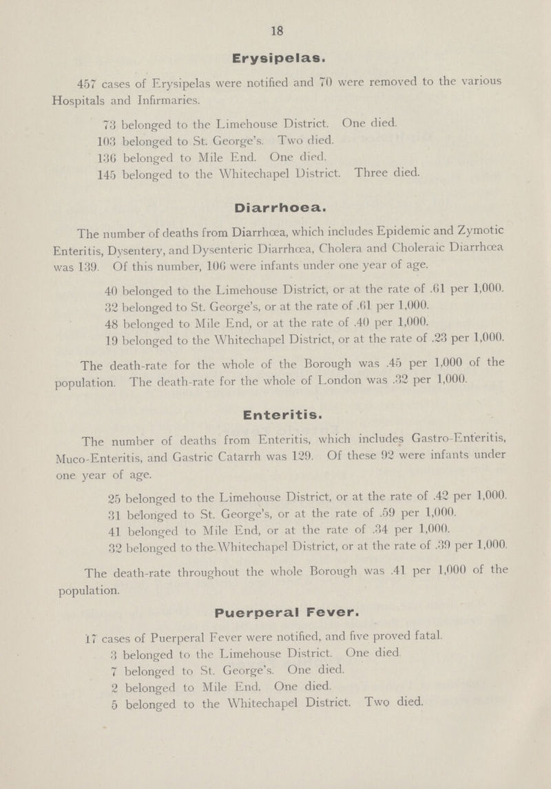 18 Erysipelas. 457 cases of Erysipelas were notified and 70 were removed to the various Hospitals and Infirmaries. 73 belonged to the Limehouse District. One died. 103 belonged to St. George's. Two died. 13G belonged to Mile End. One died. 145 belonged to the Whitechapel District. Three died. Diarrhoea. The number of deaths from Diarrhoea, which includes Epidemic and Zymotic Enteritis, Dysentery, and Dysenteric Diarrhoea, Cholera and Choleraic Diarrhoea was 139. Of this number, 106 were infants under one year of age. 40 belonged to the Limehouse District, or at the rate of .61 per 1,000. 32 belonged to St. George's, or at the rate of .61 per 1,000. 48 belonged to Mile End, or at the rate of .40 per 1,000. 19 belonged to the Whitechapel District, or at the rate of .23 per 1,000. The death-rate for the whole of the Borough was .45 per 1,000 of the population. The death-rate for the whole of London was .32 per 1,000. Enteritis. The number of deaths from Enteritis, which includes Gastro-Enteritis, Muco-Enteritis, and Gastric Catarrh was 129. Of these 92 were infants under one year of age. 25 belonged to the Limehouse District, or at the rate of .42 per 1,000. 31 belonged to St. George's, or at the rate of .59 per 1,000. 41 belonged to Mile End, or at the rate of .34 per 1,000. 32 belonged to the Whitechapel District, or at the rate of .39 per 1,000. The death-rate throughout the whole Borough was .41 per 1,000 of the population. Puerperal Fever. 17cases of Puerperal Fever were notified, and five proved fatal. 3 belonged to the Limehouse District. One died 7 belonged to St. George's. One died. 2 belonged to Mile End. One died. 5 belonged to the Whitechapel District. Two died.