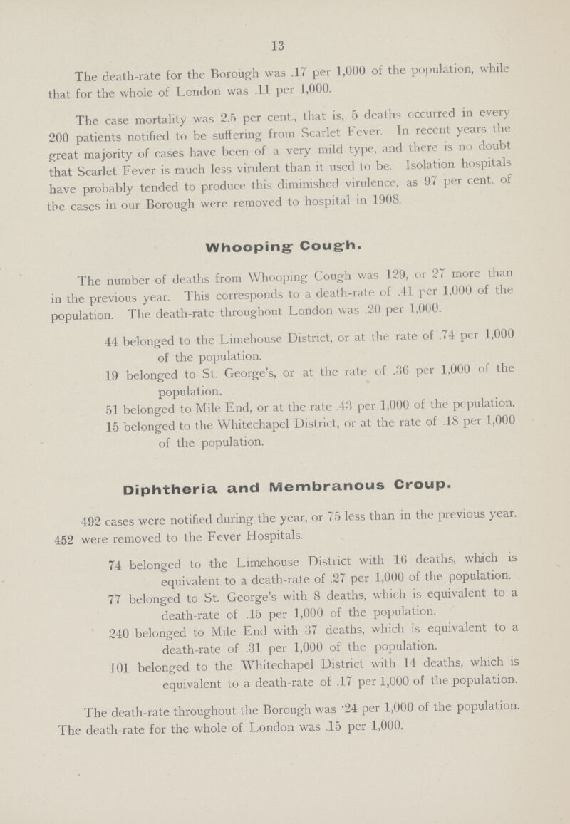 13 The death-rate for the Borough was .17 per 1,000 of the population, while that for the whole of London was .11 per 1,000. The case mortality was 2.5 per cent., that is, 5 deaths occurred in every 200 patients notified to be suffering from Scarlet Fever. In recent years the great majority of cases have been of a very mild type, and there is no doubt that Scarlet Fever is much less virulent than it used to be. Isolation hospitals have probably tended to produce this diminished virulence, as 97 per cent, of the cases in our Borough were removed to hospital in 1908. Whooping Cough. The number of deaths from Whooping Cough was 129, or 27 more than in the previous year. This corresponds to a death-rate of .41 per 1,000 of the population. The death-rate throughout London was .20 per 1,000. 44 belonged to the Limehouse District, or at the rate of .74 per 1,000 of the population. 19 belonged to St. George's, or at the rate of .36 per 1,000 of the population. 51 belonged to Mile End, or at the rate .43 per 1,000 of the population. 15 belonged to the Whitechapel District, or at the rate of .18 per 1,000 of the population. Diphtheria and Membranous Croup. 492 cases were notified during the year, or 75 less than in the previous year. 452 were removed to the Fever Hospitals. 74 belonged to the Limiehouse District with 16 deaths, which is equivalent to a death-rate of .27 per 1,000 of the population. 77 belonged to St. George's with 8 deaths, which is equivalent to a death-rate of .15 per 1,000 of the population. 240 belonged to Mile End with 37 deaths, which is equivalent to a death-rate of .31 per 1,000 of the population. 101 belonged to the Whitechapel District with 14 deaths, which is equivalent to a death-rate of .17 per 1,000 of the population. The death-rate throughout the Borough was .24 per 1,000 of the population. 'Ihe death-rate for the whole of London was .15 per 1,000.