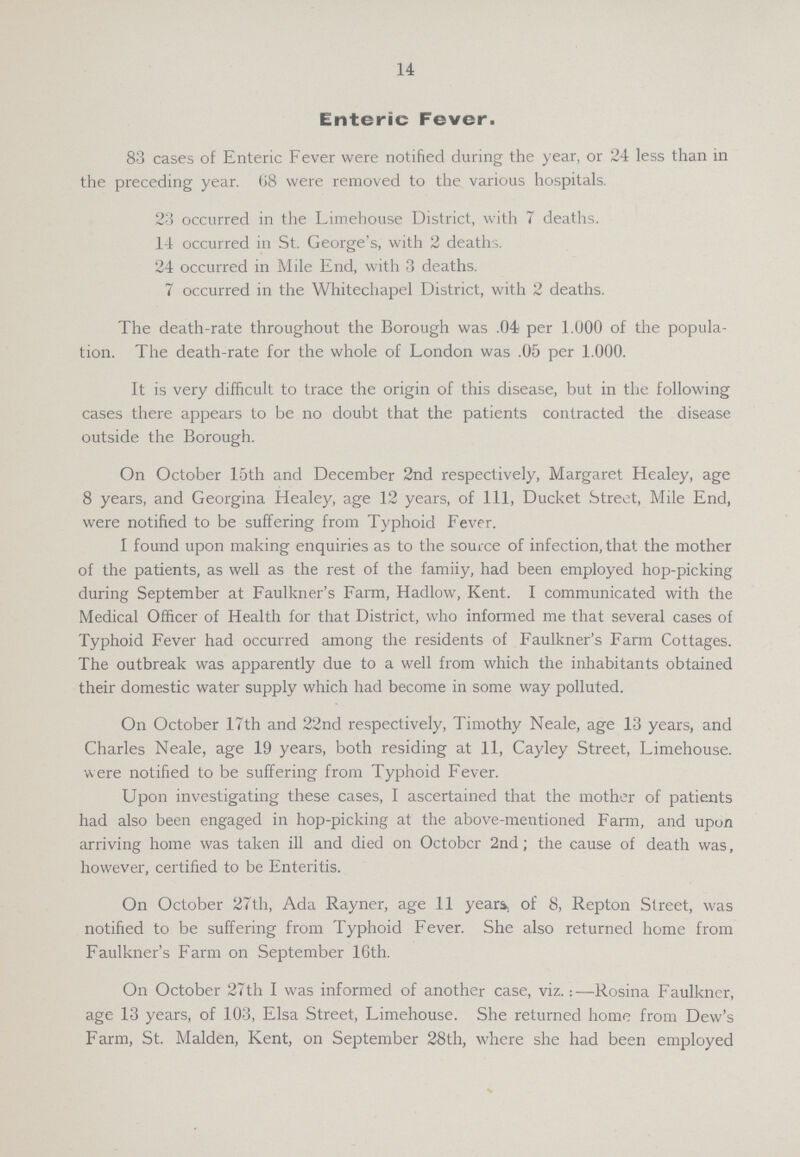 14 Enteric Fever. 83 cases of Enteric Fever were notified during the year, or 24 less than in the preceding year. 68 were removed to the various hospitals. 23 occurred in the Limehouse District, with 7 deaths. 14 occurred in St. George's, with 2 deaths. 24 occurred in Mile End, with 3 deaths. 7 occurred in the Whitechapel District, with 2 deaths. The death-rate throughout the Borough was .04 per 1.000 of the popula tion. The death-rate for the whole of London was .05 per 1.000. It is very difficult to trace the origin of this disease, but in the following cases there appears to be no doubt that the patients contracted the disease outside the Borough. On October 15th and December 2nd respectively, Margaret Healey, age 8 years, and Georgina Healey, age 12 years, of 111, Ducket Street, Mile End, were notified to be suffering from Typhoid Fever. 1 found upon making enquiries as to the source of infection, that the mother of the patients, as well as the rest of the famiiy, had been employed hop-picking during September at Faulkner's Farm, Hadlow, Kent. I communicated with the Medical Officer of Health for that District, who informed me that several cases of Typhoid Fever had occurred among the residents of Faulkner's Farm Cottages. The outbreak was apparently due to a well from which the inhabitants obtained their domestic water supply which had become in some way polluted. On October 17th and 22nd respectively, Timothy Neale, age 13 years, and Charles Neale, age 19 years, both residing at 11, Cayley Street, Limehouse. were notified to be suffering from Typhoid Fever. Upon investigating these cases, I ascertained that the mother of patients had also been engaged in hop-picking at the above-mentioned Farm, and upon arriving home was taken ill and died on Octobcr 2nd; the cause of death was, however, certified to be Enteritis. On October 27th, Ada Rayner, age 11 years, of 8, Repton Street, was notified to be suffering from Typhoid Fever. She also returned home from Faulkner's Farm on September 16th. On October 27th I was informed of another case, viz.:—Rosina Faulkner, age 13 years, of 103, Elsa Street, Limehouse. She returned home from Dew's Farm, St. Maiden, Kent, on September 28th, where she had been employed
