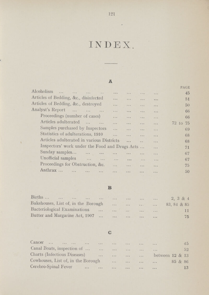 121 INDEX. A PAGE Alcoholism 45 Articles of Bedding, &c., disinfected 51 Articles of Bedding, &c., destroyed 50 Analyst's Report 66 Proceedings (number of cases) 66 Articles adulterated 72 to 75 Samples purchased by Inspectors 69 Statistics of adulterations, 1910 68 Articles adulterated in various Districts 68 Inspectors' work under the Food and Drugs Acts 71 Sunday samples 67 Unofficial samples 67 Proceedings for Obstruction, &c. 75 Anthrax 50 B Births 2, 3 & 4 Bakehouses, List of, in the Borough 83, 84 & 85 Bacteriological Examinations 11 Butter and Margarine Act, 1907 75 C Cancer 45 Canal Boats, inspection of 52 Charts (Infectious Diseases) between 12 & 13 Cowhouses, List of, in the Borough 85 & 86 Cerebro-Spinal Fever 13