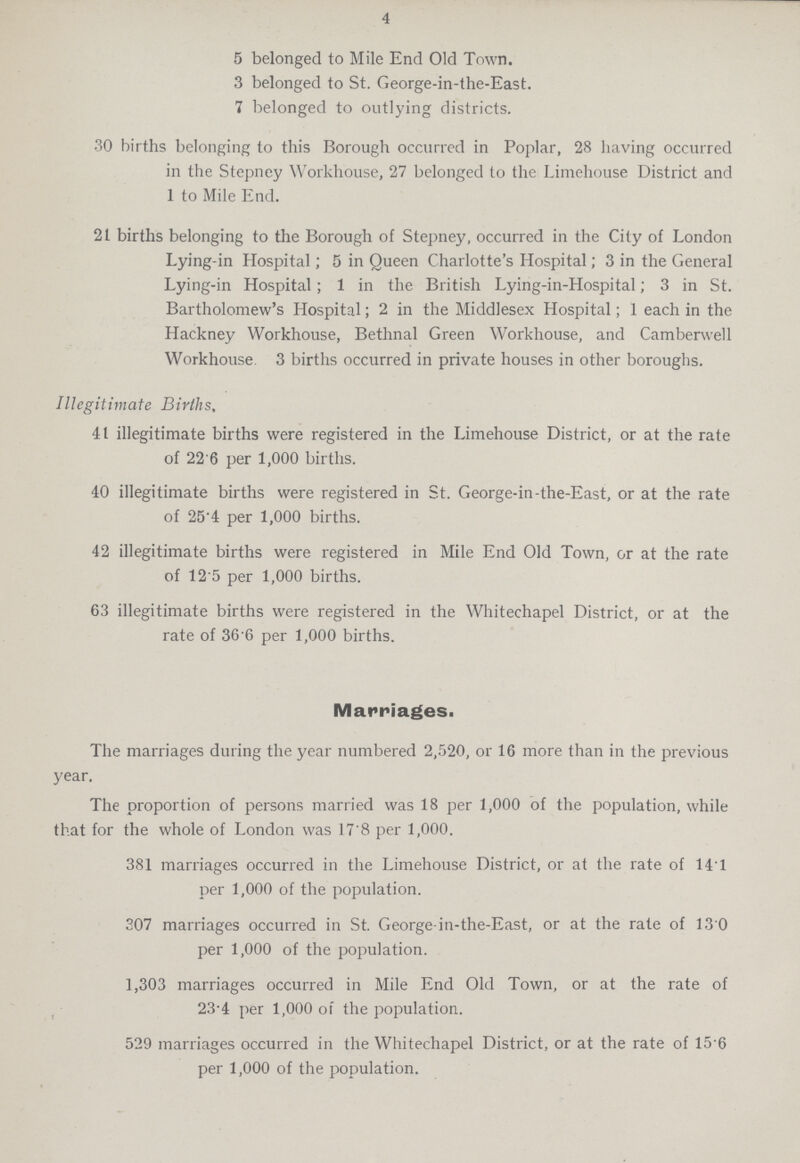 4 5 belonged to Mile End Old Town. 3 belonged to St. George-in-the-East. 1 belonged to outlying districts. 30 births belonging to this Borough occurred in Poplar, 28 having occurred in the Stepney Workhouse, 27 belonged to the Limehouse District and 1 to Mile End. 21 births belonging to the Borough of Stepney, occurred in the City of London Lying-in Hospital; 5 in Queen Charlotte's Hospital; 3 in the General Lying-in Hospital; 1 in the British Lying-in-Hospital; 3 in St. Bartholomew's Hospital; 2 in the Middlesex Hospital; 1 each in the Hackney Workhouse, Bethnal Green Workhouse, and Camberwell Workhouse. 3 births occurred in private houses in other boroughs. Illegitimate Births, 41 illegitimate births were registered in the Limehouse District, or at the rate of 22.6 per 1,000 births. 40 illegitimate births were registered in St. George-in-the-East, or at the rate of 25.4 per 1,000 births. 42 illegitimate births were registered in Mile End Old Town, or at the rate of 12.5 per 1,000 births. 63 illegitimate births were registered in the Whitechapel District, or at the rate of 36.6 per 1,000 births. Marriages. The marriages during the year numbered 2,520, or 16 more than in the previous year. The proportion of persons married was 18 per 1,000 of the population, while that for the whole of London was 17.8 per 1,000. 381 marriages occurred in the Limehouse District, or at the rate of 14.1 per 1,000 of the population. 307 marriages occurred in St. George-in-the-East, or at the rate of 13.0 per 1,000 of the population. 1,303 marriages occurred in Mile End Old Town, or at the rate of 23.4 per 1,000 of the population. 529 marriages occurred in the Whitechapel District, or at the rate of 15.6 per 1,000 of the population.