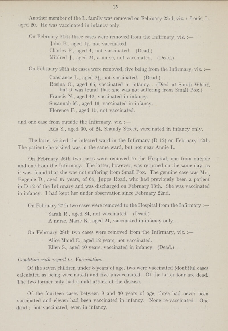 15 Another member of the L. family was removed on February 23rd, viz. : Louis, L. aged 20. He was vaccinated in infancy only. On February 24th three cases were removed from the Infirmary, viz.:— John B., aged 1¾, not vaccinated. Charles P., aged 4, not vaccinated. (Dead.) Mildred J., aged 24, a nurse, not vaccinated. (Dead.) On February 25th six cases were removed, five being from the Infirmary, viz.:— Constance L., aged 2¼, not vaccinated. (Dead.) Rosina 0., aged 65, vaccinated in infancy. (Died at South Wharf, but it was found that she was not suffering from Small Pox.) Francis N., aged 42, vaccinated in infancy. Susannah M., aged 16, vaccinated in infancy. Florence F., aged 15, not vaccinated. and one case from outside the Infirmary, viz.:— Ada S., aged 30, of 24, Shandy Street, vaccinated in infancy only. The latter visited the infected ward in the Infirmary (D 12) on February 12th. The patient she visited was in the same ward, but not near Annie L. On February 26th two cases were removed to the Hospital, one from outside and one from the Infirmary. The latter, however, was returned on the same day, as it was found that she was not suffering from Small Pox. The genuine case was Mrs Eugenie D., aged 67 years, of 64, Jupps Road, who had previously been a patient in D 12 of the Infirmary and was discharged on February 13th. She was vaccinated in infancy. I had kept her under observation since February 22nd. On February 27th two cases were removed to the Hospital from the Infirmary:— Sarah R., aged 84, not vaccinated. (Dead.) A nurse, Marie K., aged 21, vaccinated in infancy only. On February 28th two cases were removed from the Infirmary, viz.:— Alice Maud C., aged 12 years, not vaccinated. Ellen S., aged 40 years, vaccinated in infancy. (Dead.) Condition with regard to Vaccination. Of the seven children under 8 years of age, two were vaccinated (doubtful cases calculated as being vaccinated) and five unvaccinated. Of the latter four are dead. The two former only had a mild attack of the disease. Of the fourteen cases between 8 and 30 years of age, three had never been vaccinated and eleven had been vaccinated in infancy. None re-vaccinated. One dead ; not vaccinated, even in infancy.