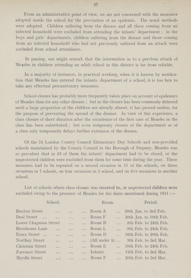 27 From an administrative point of view, we are not concerned with the measures adopted inside the school for the prevention of an epidemic. The usual methods were adopted. Children suffering from the disease and all those coming from an infected household were excluded from attending the infants' department ; in the boys and girls' departments, children suffering from the disease and those coming from an infected household who had not previously suffered from an attack were excluded from school attendance. In passing, one might remark that the information as to a previous attack of Measles in children attending an adult school in this district is far from reliable. In a majority of instances, in practical working, when it is known by notifica tion that Measles has entered the infants, department of a school, it is too late to take any effectual precautionary measures. School closure has probably more frequently taken place on account of epidemics of Measles than for any other disease ; but as the closure has been commonly deferred until a large proportion of the children are already absent, it has proved useless, for the purpose of preventing the spread of the disease. In view of this experience, a class closure of short duration after the occurrence of the first case of Measles in the class has been substituted ; but even temporary closure of the department or of a class only temporarily delays further extension of the disease. Of the 76 London County Council Elementary Day Schools and non-provided schools maintained by the County Council in the Borough of Stepney, Measles was so prevalent that in 43 of them the infants' department had to be closed, or the unprotected children were excluded from them for some time during the year. These measures had to be repeated on a second occasion in 11 of the schools, on three occasions in 7 schools, on four occasions in 1 school, and on five occasions in another school. List of schools where class closure was resorted to, or unprotected children were excluded owing to the presence of Measles for the dates mentioned during 1911:— School. Room. Period. Buxton Street Room A 30th Jan. to 3rd Feb. Deal Street Room F 30th Jan. to 10th Feb. Lower Chapman Street Room B 8th Feb. to 24th Feb. Brewhouse Lane Room L 8th Feb. to 24th Feb. Essex Street Room D 16th Feb. to 20th Feb. Northey Street (All under 5) 9th Feb. to 3rd Mar. Christian Street Room E 10th Feb. to 24th Feb. Farrance Street Infants 13th Feb. to 3rd Mar. Myrdle Street Room F 20th Feb. to 3rd Mar.