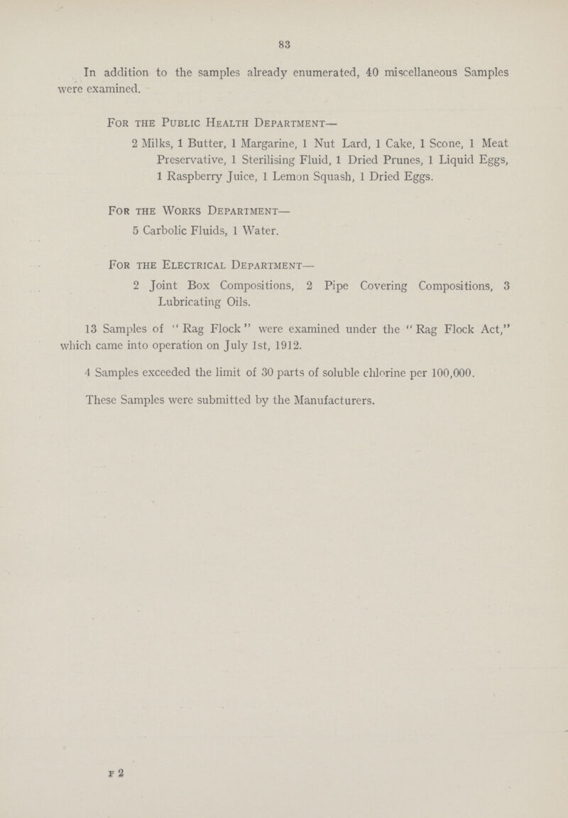 83 In addition to the samples already enumerated, 40 miscellaneous Samples were examined. For the Public Health Department— 2 Milks, 1 Butter, 1 Margarine, 1 Nut Lard, 1 Cake, 1 Scone, 1 Meat Preservative, 1 Sterilising Fluid, 1 Dried Prunes, 1 Liquid Eggs, 1 Raspberry Juice, 1 Lemon Squash, 1 Dried Eggs. For the Works Department— 5 Carbolic Fluids, 1 Water. For the Electrical Department— 2 Joint Box Compositions, 2 Pipe Covering Compositions, 3 Lubricating Oils. 13 Samples of Rag Flock were examined under the Rag Flock Act, which came into operation on July 1st, 1912. 4 Samples exceeded the limit of 30 parts of soluble chlorine per 100,000. These Samples were submitted by the Manufacturers. f 2