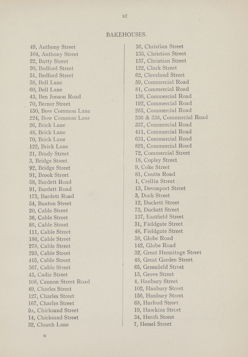 97 BAKEHOUSES. 49, Anthony Street 104, Anthony Street 22, Batty Street 20, Bedford Street 51, Bedford Street 38, Bell Lane 60, Bell Lane 43, Ben Jonson Road 70, Berner Street 150, Bow Common Lane 224, Bow Common Lane 26, Brick Lane 48, Brick Lane 70, Brick Lane 122, Brick Lane 21, Brady Street 3, Bridge Street 92, Bridge Street 91, Brook Street 58, Burdett Road 91, Burdett Road 173, Burdett Road 54, Buxton Street 20, Cable Street 36, Cable Street 86, Cable Street 111, Cable Street 186, Cable Street 278, Cable Street 293, Cable Street 415, Cable Street 367, Cable Street 43, Cadiz Street 108, Cannon Street Road 49, Charles Street 127, Charles Street 167, Charles Street 9a, Chicksand Street 14, Chicksand Street 32, Church Lane G 36, Christian Street 135, Christian Street 137, Christian Street 122, Clark Street 62, Cleveland Street 59, Commercial Road 81, Commercial Road 136, Commercial Road 192, Commercial Road 265, Commercial Road 336 & 338, Commercial Road 337, Commercial Road 411, Commercial Road 631, Commercial Road 821, Commercial Road 72, Commercial Street 18, Copley Street 9, Coke Street 81, Coutts Road 1, Crellin Street 13, Devonport Street 3, Dock Street 12, Duckett Street 73, Duckett Street 137, Eastfield Street 31, Fieldgate Street 48, Fieldgate Street 38, Globe Road 142, Globe Road 32, Great Hermitage Street 48, Great Garden Street 65, Greenfield Street 13, Grove Street 4, Hanbury Street 102, Hanbury Street 156, Hanbury Street 68, Harford Street 19, Hawkins Street 34, Heath Street 7, Hessel Street