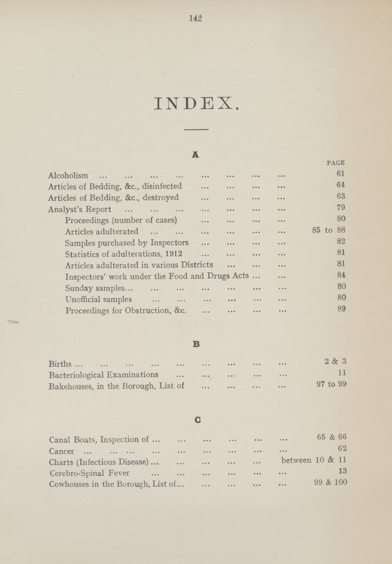 142 INDEX. A PAGE Alcoholism 61 Articles of Bedding, &c., disinfected 64 Articles of Bedding, &c., destroyed 63 Analyst's Report 79 Proceedings (number of cases) 80 Articles adulterated 85 to 88 Samples purchased by Inspectors 82 Statistics of adulterations, 1912 81 Articles adulterated in various Districts 81 Inspectors' work under the Food and Drugs Acts 84 Sunday samples 80 Unofficial samples 80 Proceedings for Obstruction, &c 89 B Births 2 & 3 Bacteriological Examinations 11 Bakehouses, in the Borough, List of 97 to 99 C Canal Boats, Inspection of 65 & 66 Cancer 62 Charts (Infectious Disease) between 10 & 11 Cerebro-Spinal Fever 13 Cowhouses in the Borough, List of 99 & 100