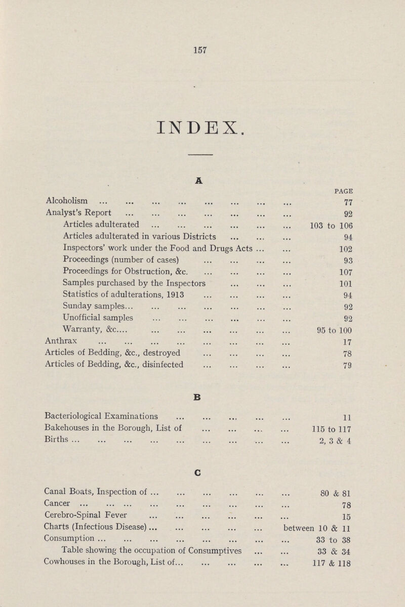 157 INDEX. A PAGE Alcoholism 77 Analyst's Report 92 Articles adulterated 103 to 106 Articles adulterated in various Districts 94 Inspectors' work under the Food and Drugs Acts 102 Proceedings (number of cases) 93 Proceedings for Obstruction, &c. 107 Samples purchased by the Inspectors 101 Statistics of adulterations, 1913 94 Sunday samples 92 Unofficial samples 92 Warranty, &c. 95 to 100 Anthrax 17 Articles of Bedding, &c., destroyed 78 Articles of Bedding, &c., disinfected 79 B Bacteriological Examinations 11 Bakehouses in the Borough, List of 115 to 117 Births 2, 3 & 4 C Canal Boats, Inspection of 80 & 81 Cancer 78 Cerebro-Spinal Fever 15 Charts (Infectious Disease) between 10 & 11 Consumption 33 to 38 Table showing the occupation of Consumptives 33 & 34 Cowhouses in the Borough, List of 117 & 118