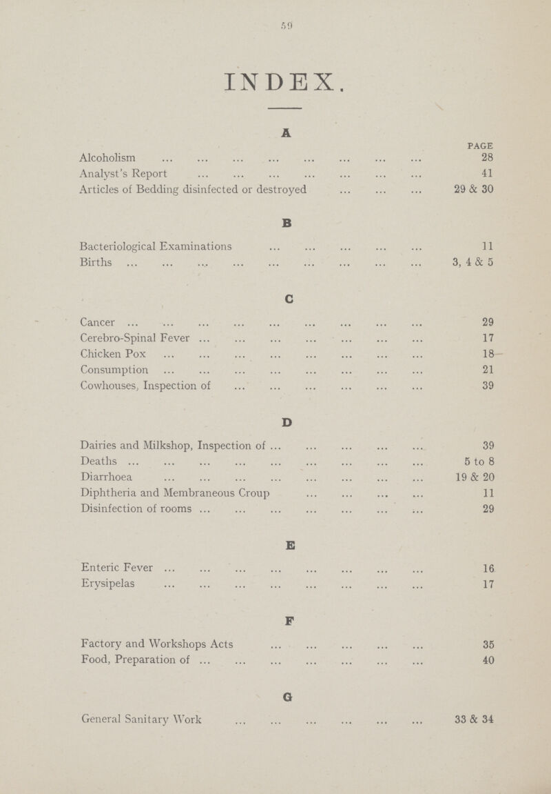59 INDEX. A PAGE Alcoholism 28 Analyst's Report 41 Articles of Bedding disinfected or destroyed 29 & 30 B Bacteriological Examinations 11 Births 3, 4 & 5 C Cancer 29 Cerebro-Spinal Fever 17 Chicken Pox 18 Consumption 21 Cowhouses, Inspection of 39 D Dairies and Milkshop, Inspection of 39 Deaths 5 to 8 Diarrhoea 19 & 20 Diphtheria and Membraneous Croup 11 Disinfection of rooms 29 E Enteric Fever 16 Erysipelas 17 F Factory and Workshops Acts 35 Food, Preparation of 40 G General Sanitary Work 33 & 34