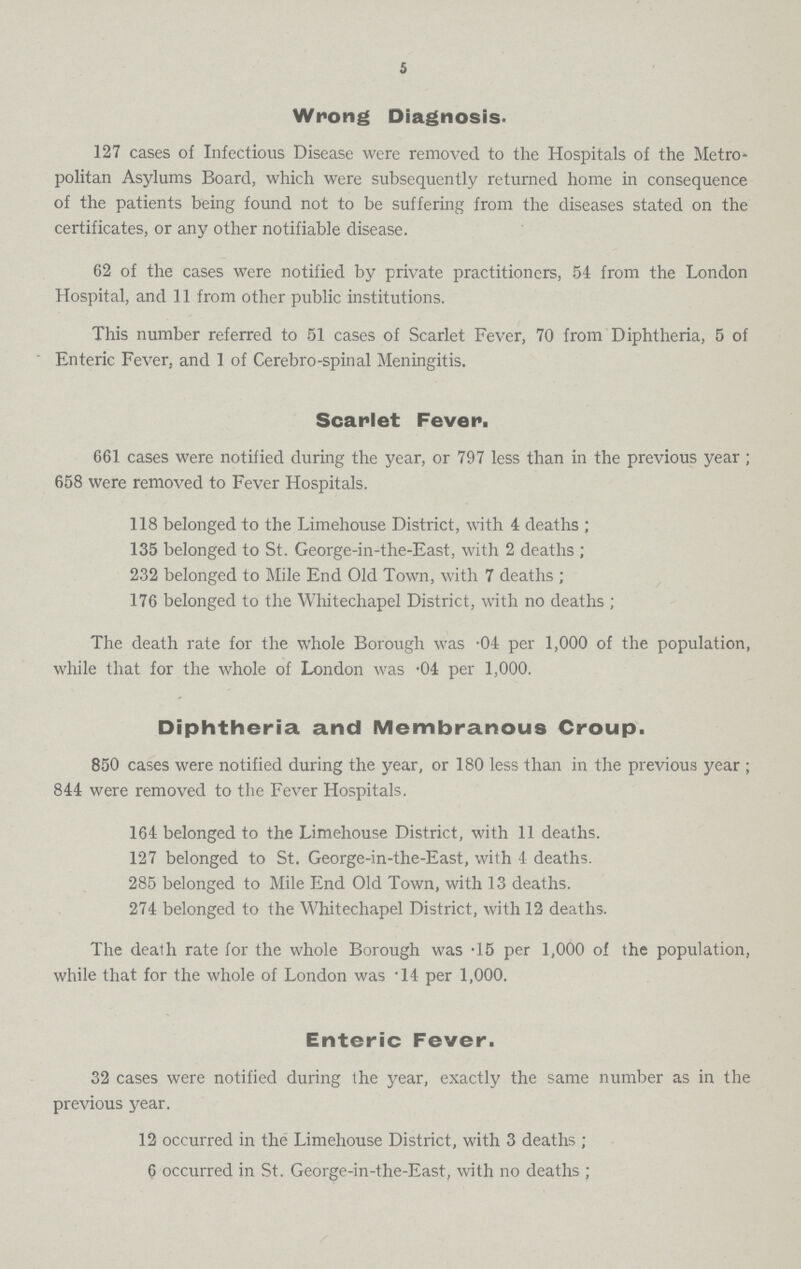 5 Wrong Diagnosis. 127 cases of Infectious Disease were removed to the Hospitals of the Metro politan Asylums Board, which were subsequently returned home in consequence of the patients being found not to be suffering from the diseases stated on the certificates, or any other notifiable disease. 62 of the cases were notified by private practitioners, 54 from the London Hospital, and 11 from other public institutions. This number referred to 51 cases of Scarlet Fever, 70 from Diphtheria, 5 of Enteric Fever, and 1 of Cerebro-spinal Meningitis. Scarlet Fever. 661 cases were notified during the year, or 797 less than in the previous year; 658 were removed to Fever Hospitals. 118 belonged to the Limehouse District, with 4 deaths; 135 belonged to St. George-in-the-East, with 2 deaths; 232 belonged to Mile End Old Town, with 7 deaths; 176 belonged to the Whitechapel District, with no deaths; The death rate for the whole Borough was .04 per 1,000 of the population, while that for the whole of London was .04 per 1,000. Diphtheria and Membranous Croup. 850 cases were notified during the year, or 180 less than in the previous year; 844 were removed to the Fever Hospitals. 164 belonged to the Limehouse District, with 11 deaths. 127 belonged to St. George-in-the-East, with 4 deaths. 285 belonged to Mile End Old Town, with 13 deaths. 274 belonged to the Whitechapel District, with 12 deaths. The death rate for the whole Borough was .15 per 1,000 of the population, while that for the whole of London was .14 per 1,000. Enteric Fever. 32 cases were notified during the year, exactly the same number as in the previous year. 12 occurred in the Limehouse District, with 3 deaths; 6 occurred in St. George-in-the-East, with no deaths;