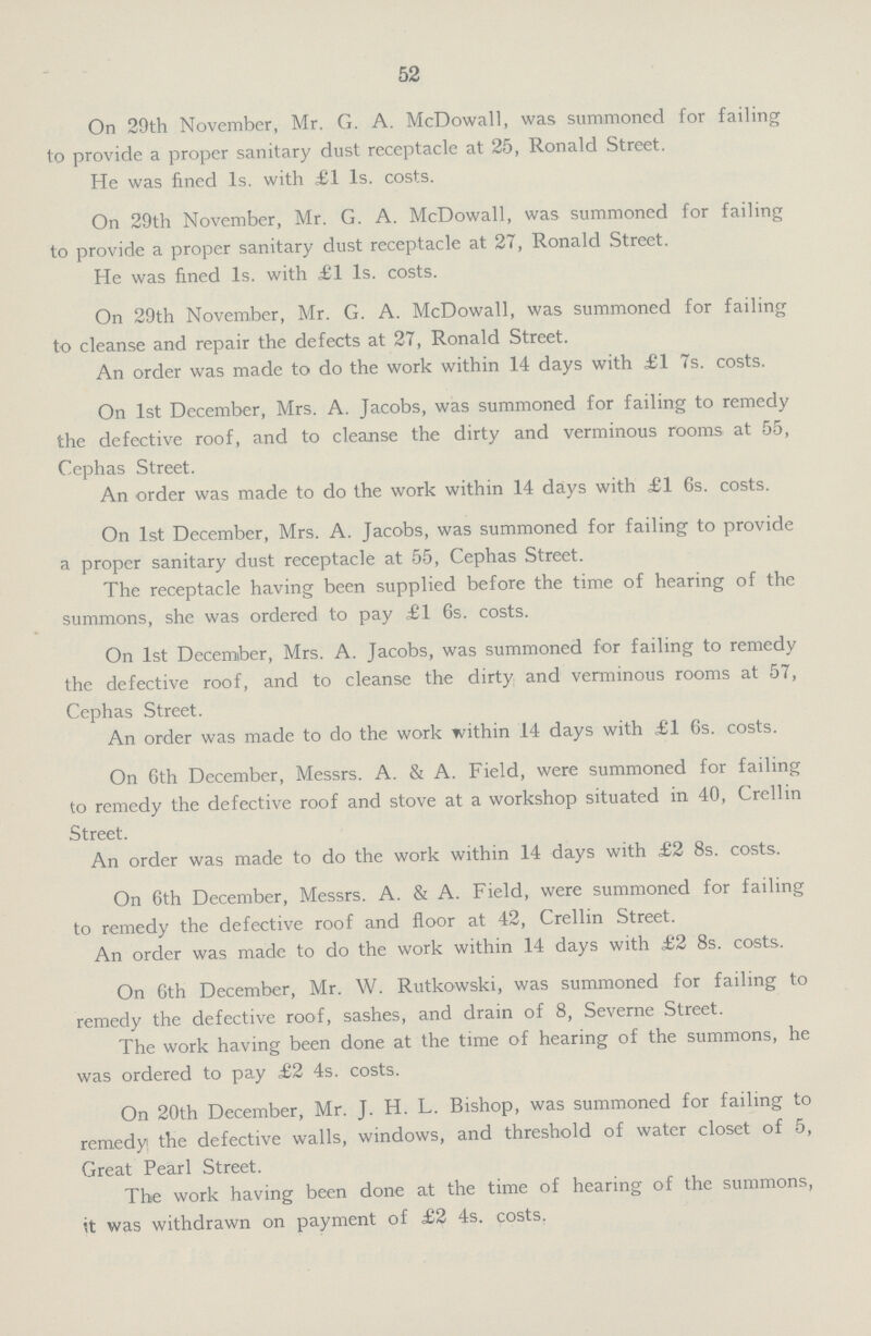 52 On 29th November, Mr. G. A. McDowall, was summoned for failing to provide a proper sanitary dust receptacle at 25, Ronald Street. He was fined 1s. with £1 1s. costs. On 29th November, Mr. G. A. McDowall, was summoned for failing to provide a proper sanitary dust receptacle at 27, Ronald Street. He was fined 1s. with £1 1s. costs. On 29th November, Mr. G. A. McDowall, was summoned for failing to cleanse and repair the defects at 27, Ronald Street. An order was made to do the work within 14 days with £1 7s. costs. On 1st December, Mrs. A. Jacobs, was summoned for failing to remedy the defective roof, and to cleanse the dirty and verminous rooms at 55, Cephas Street. An order was made to do the work within 14 days with £1 6s. costs. On 1st December, Mrs. A. Jacobs, was summoned for failing to provide a proper sanitary dust receptacle at 55, Cephas Street. The receptacle having been supplied before the time of hearing of the summons, she was ordered to pay £1 6s. costs. On 1st December, Mrs. A. Jacobs, was summoned for failing to remedy the defective roof, and to cleanse the dirty and verminous rooms at 57, Cephas Street. An order was made to do the work within 14 days with £1 6s. costs. On 6th December, Messrs. A. & A. Field, were summoned for failing to remedy the defective roof and stove at a workshop situated in 40, Crellin Street. An order was made to do the work within 14 days with £2 8s. costs. On 6th December, Messrs. A. & A. Field, were summoned for failing to remedy the defective roof and floor at 42, Crellin Street. An order was made to do the work within 14 days with £2 8s. costs. On 6th December, Mr. W. Rutkowski, was summoned for failing to remedy the defective roof, sashes, and drain of 8, Severne Street. The work having been done at the time of hearing of the summons, he was ordered to pay £2 4s. costs. On 20th December, Mr. J. H. L. Bishop, was summoned for failing to remedy the defective walls, windows, and threshold of water closet of 5, Great Pearl Street. The work having been done at the time of hearing of the summons, it was withdrawn on payment of £2 4s. costs.