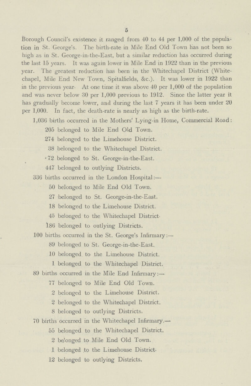 5 Borough Council's existence it ranged from 40 to 44 per 1,000 of the popula tion in St. George's. The birth-rate in Mile End Old Town has not been so high as in St. George-in-the-East, but a similar reduction has occurred during the last 15 years. It was again lower in Mile End in 1922 than in the previous year. The greatest reduction has been in the Whitechapel District (White chapel, Mile End New Town, Spitalfields, &c.). It was lower in 1922 than in the previous year. At one time it was above 40 per 1,000 of the population and was never below 30 per 1,000 previous to 1912. Since the latter year It has gradually become lower, and during the last 7 years it has been under 20 per 1,000. In fact, the death-rate is nearly as high as the birth-rate. 1,036 births occurred in the Mothers' Lying-in Home, Commercial Road: 205 belonged to Mile End Old Town. 274 belonged to the Limehouse District. 38 belonged to the Whitechapel District. • 72 belonged to St. George-in-the-East. 447 belonged to outlying Districts. 336 births occurred in the London Hospital:— 50 belonged to Mile End Old Town. 27 belonged to St. George-in-the-East. 18 belonged to the Limehouse District. 45 belonged to the Whitechapel District 186 belonged to outlying Districts. 100 births occurred in the St. George's Infirmary:— 89 belonged to St. George-in-the-East. 10 belonged to the Limehouse District. 1 belonged to the Whitechapel District. 89 births occurred in the Mile End Infirmary:— 77 belonged to Mile End Old Town. 2 belonged to the Limehouse District. 2 belonged to the Whitechapel District. 8 belonged to outlying Districts. 70 births occurred in the Whitechapel Infirmary.— 55 belonged to the Whitechapel District. 2 belonged to Mile End Old Town. 1 belonged to the Limehouse District 12 belonged to outlying Districts.